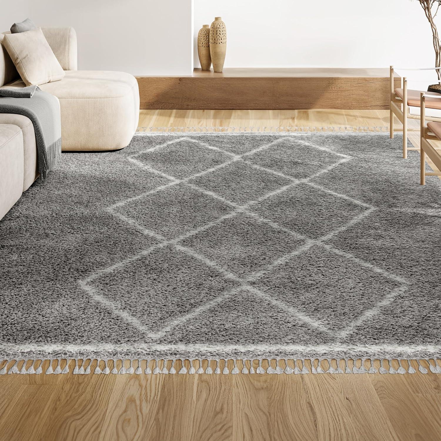5'x8' Mercer Shag Plush Tassel Moroccan Geometric Trellis Area Rug, Grey/Cream - JONATHAN Y