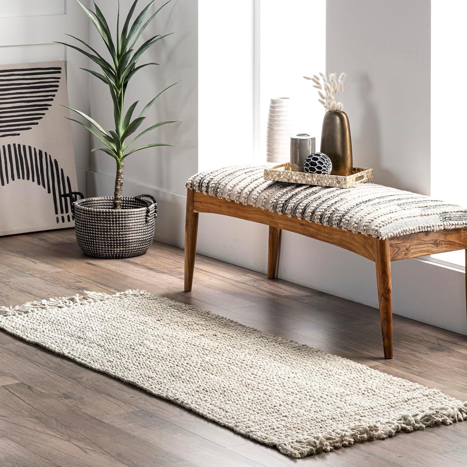 Nuloom 2x6 Daniela Jute Tassel Hand Woven Indoor Area Rug, Off White, Solid Chunky Farmhouse Design, Natural Fiber BedroomLiving Room