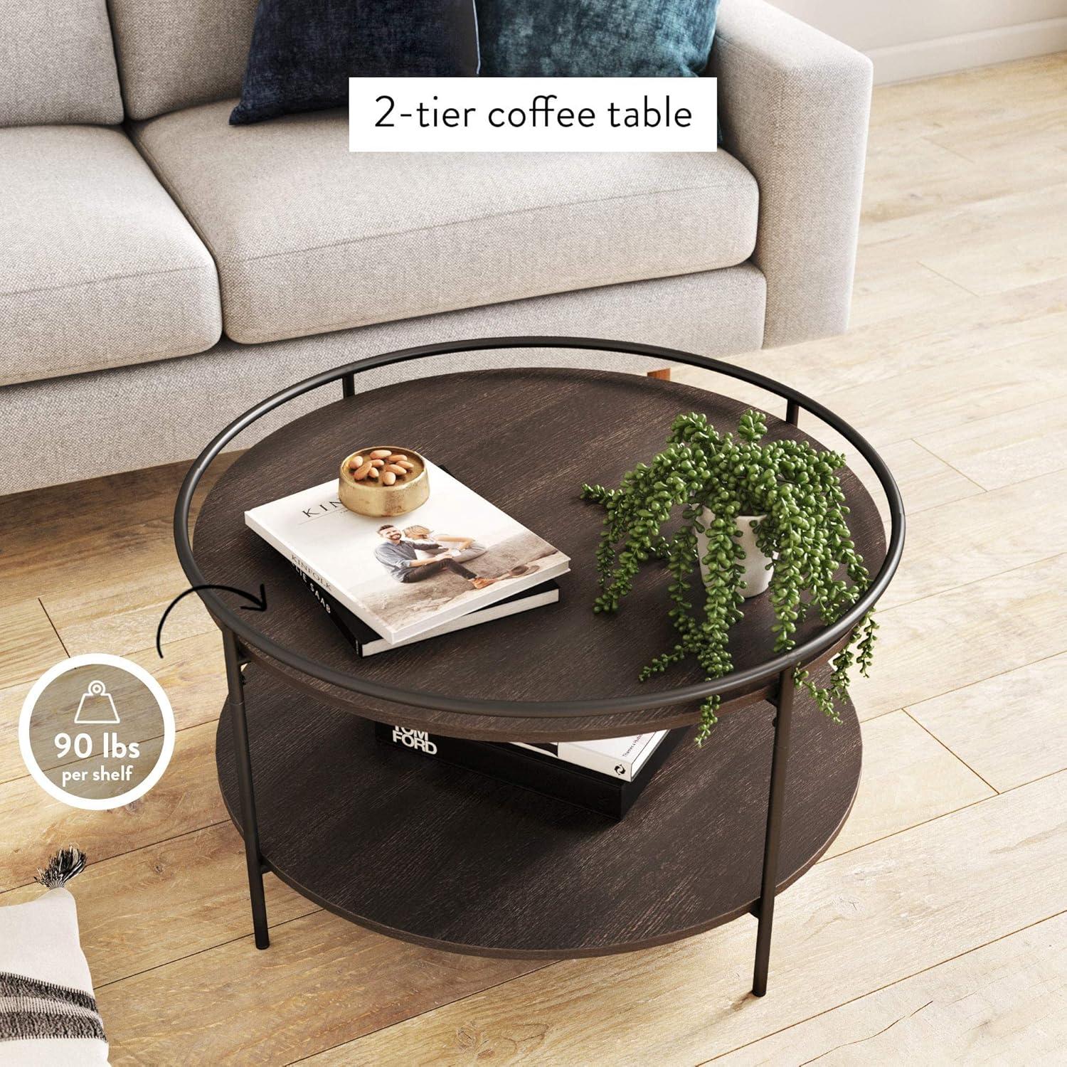 Nathan James Paloma Round Coffee Tea or Cocktail with Raised Tray Top Edge Tables, 2-Tier Minimalist Style Living Room, Dark Oak/Matte Black