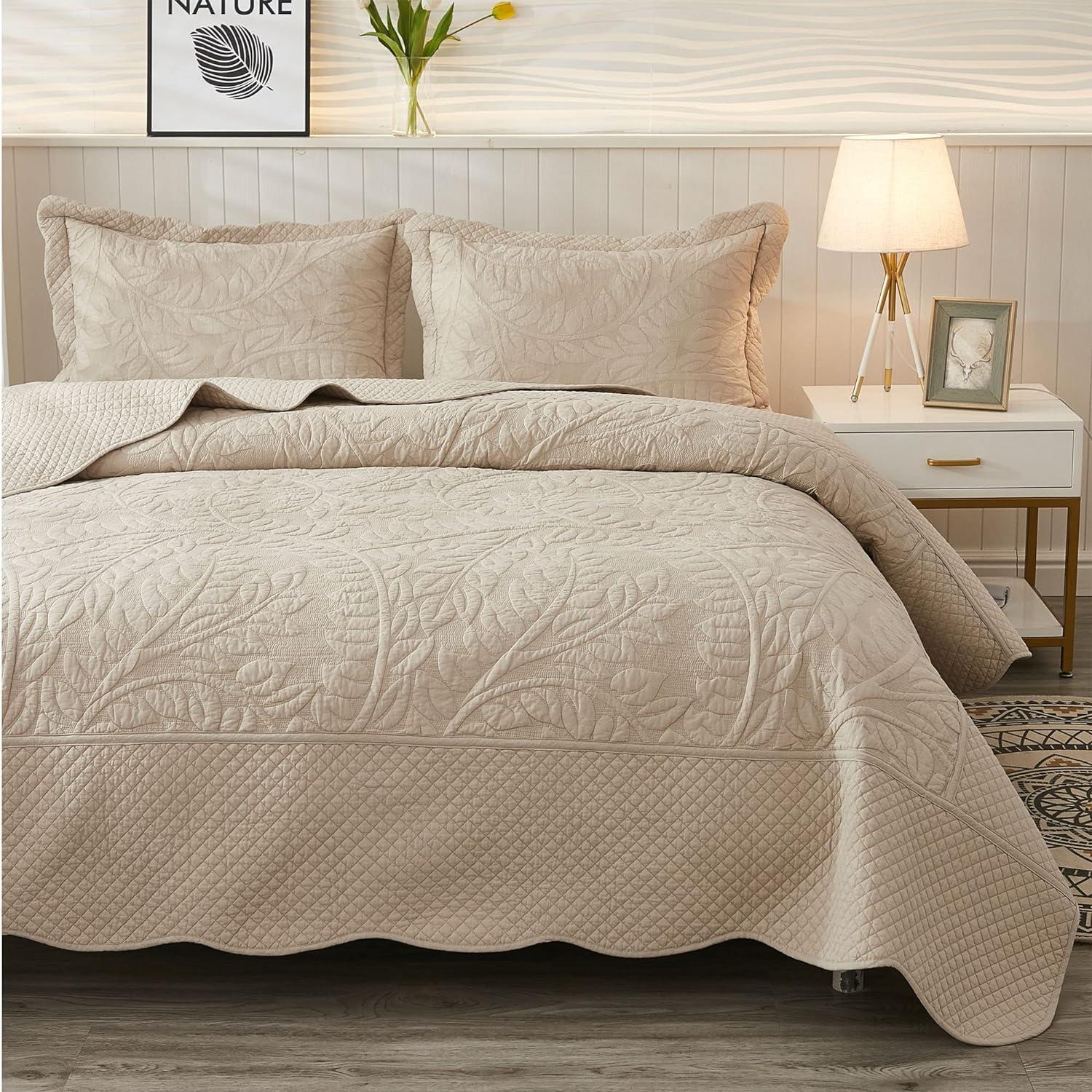 MarCielo  3 Piece Cotton Oversized Bedspread Quilt Set Tmonica Natural Beige - Oversized King