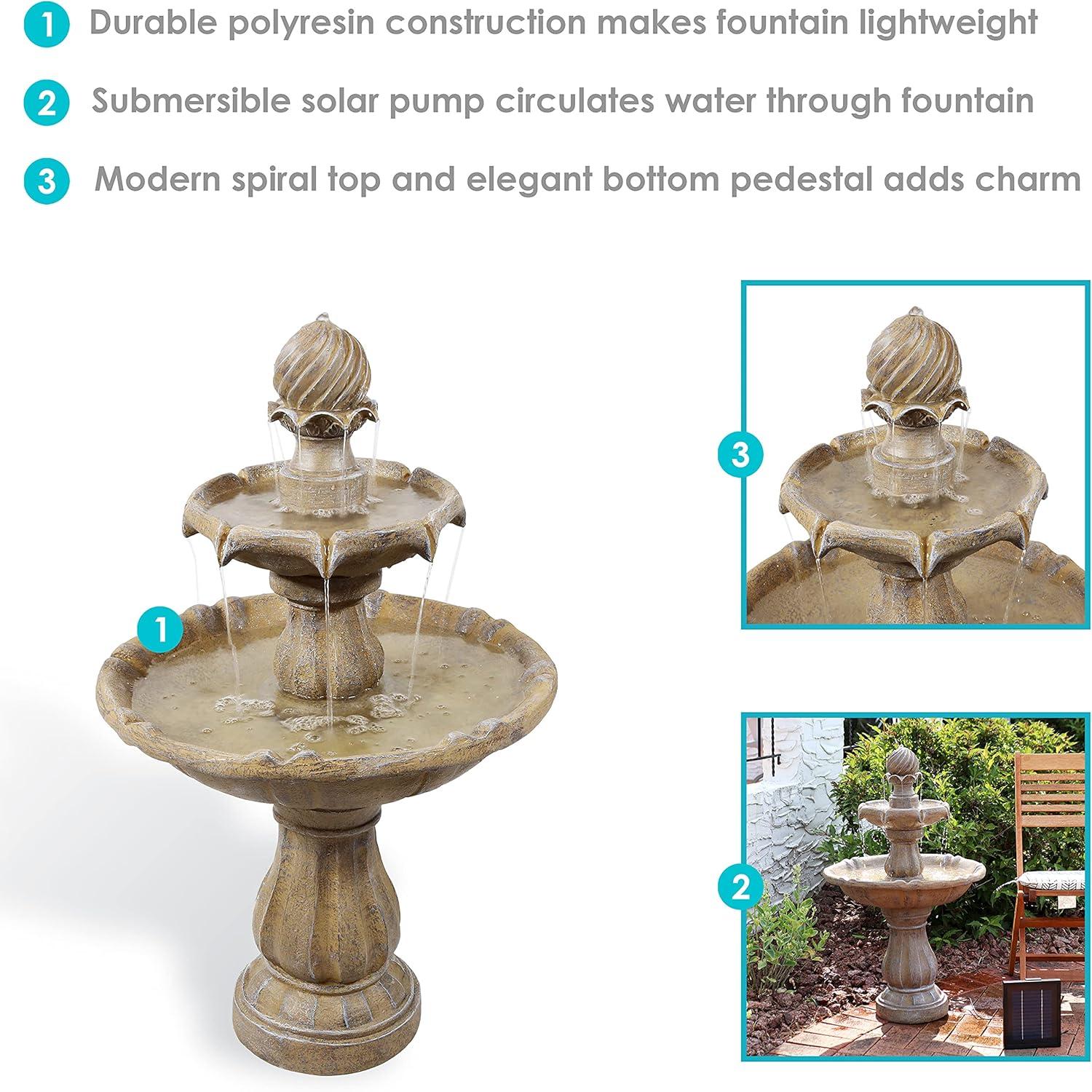 Sunnydaze Outdoor 2-Tier Solar Powered Water Fountain with Battery Backup and Submersible Pump - 35" - Earth Finish