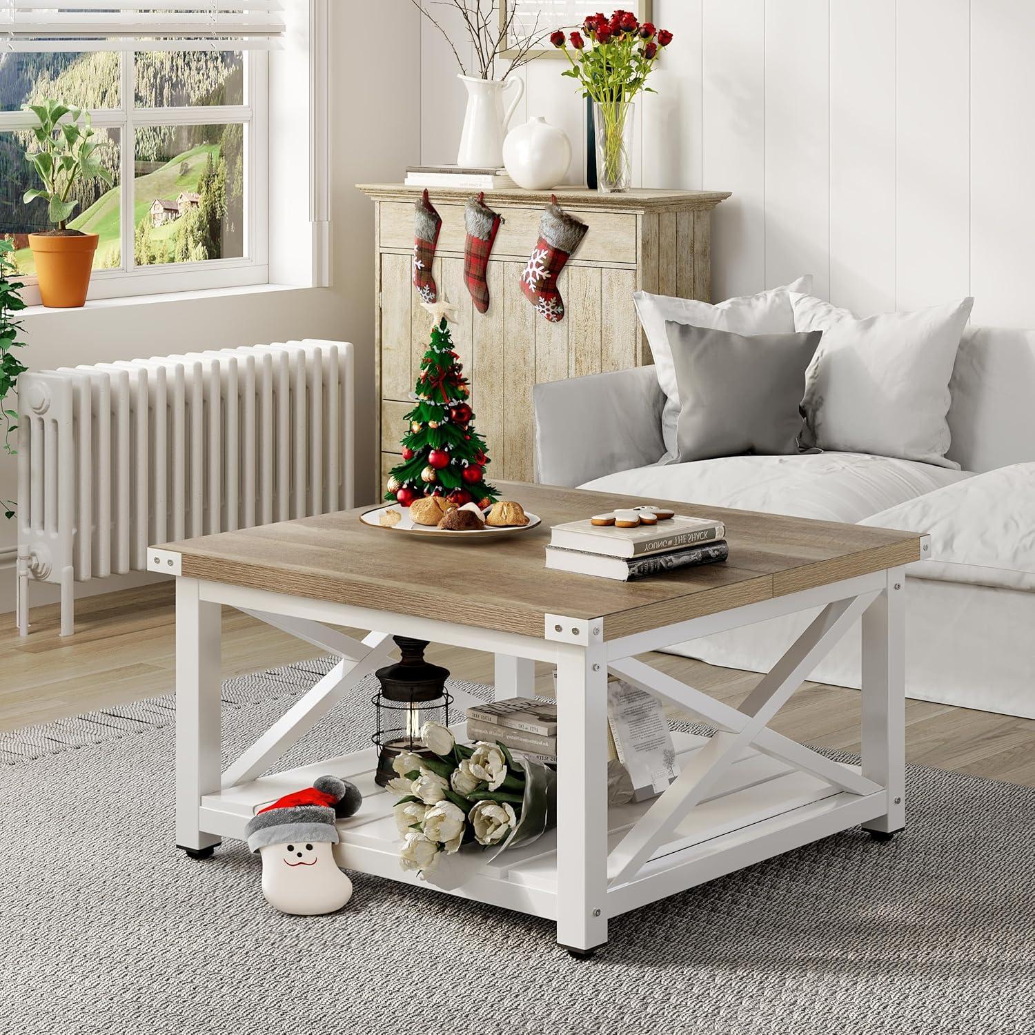 Square Gray and White Wood Coffee Table with Storage Shelf