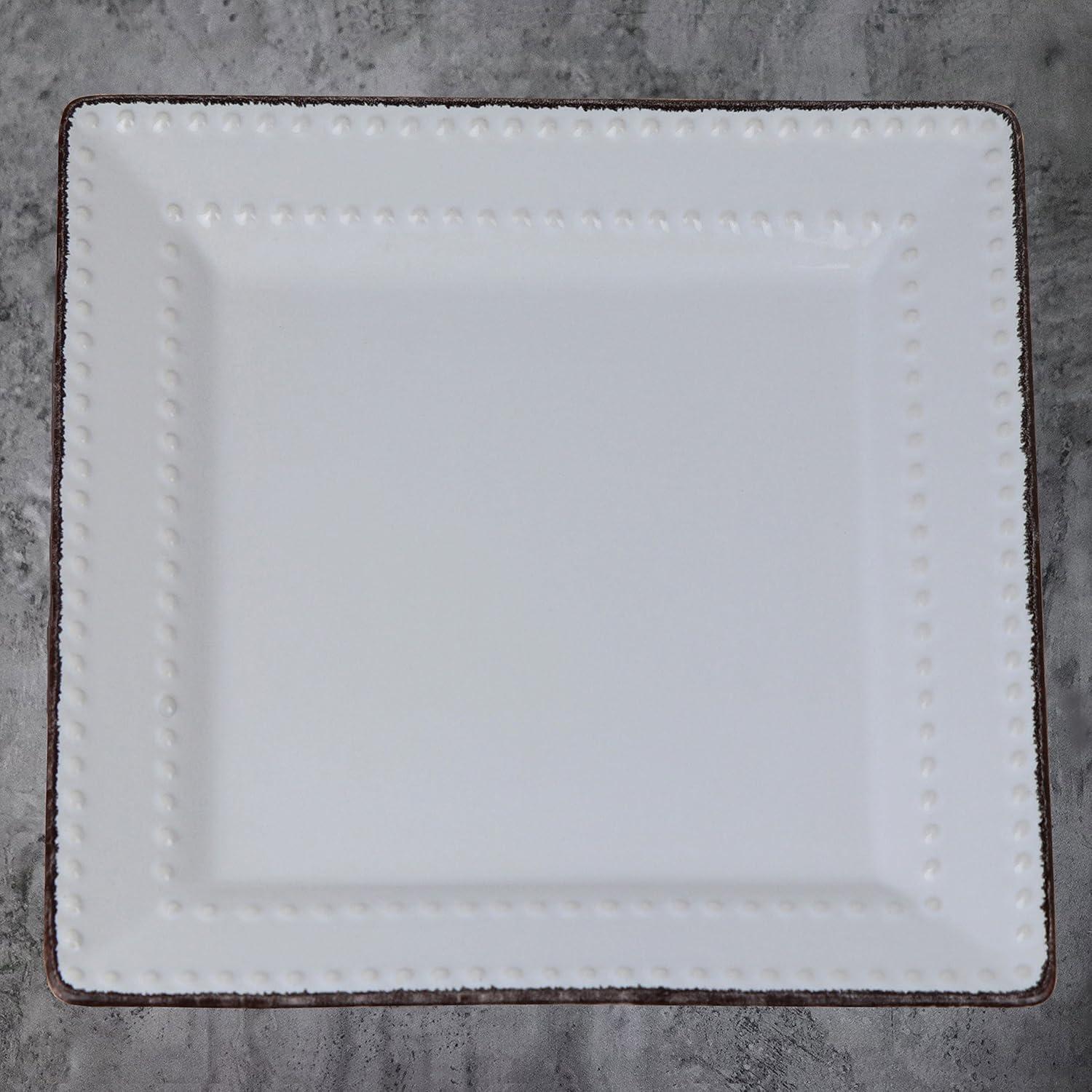 16 Piece Square Beaded Stoneware Dinnerware Set, White