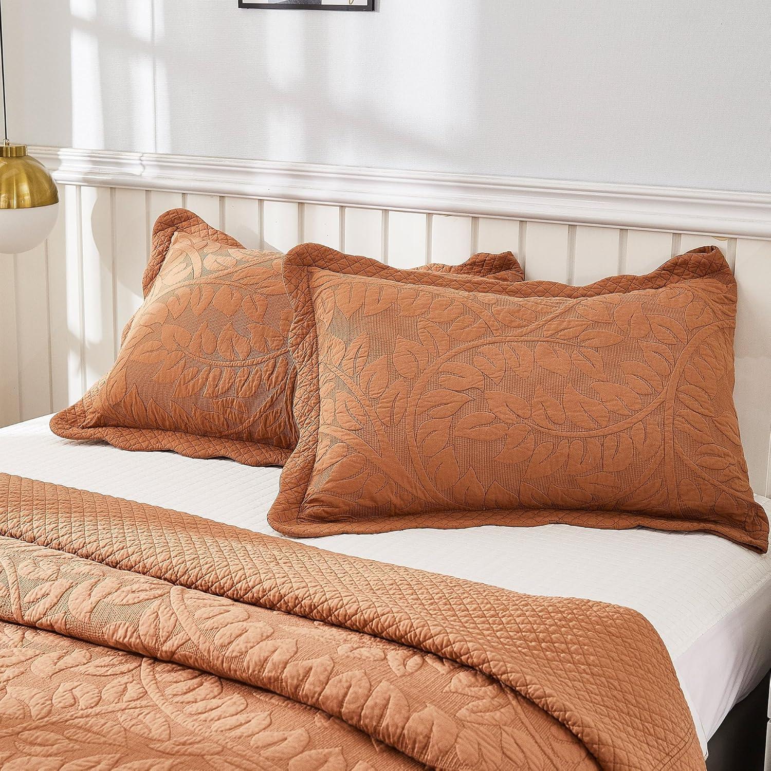 Oversized Orange Cotton Queen Bedspread Set with Quilted Pattern