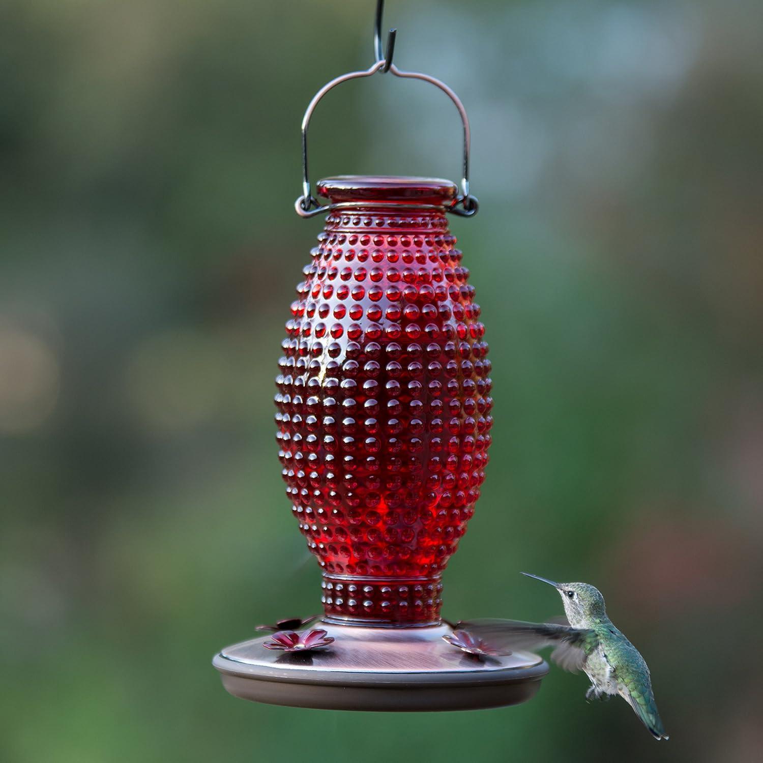 Red Hobnail Glass and Metal Hanging Hummingbird Feeder