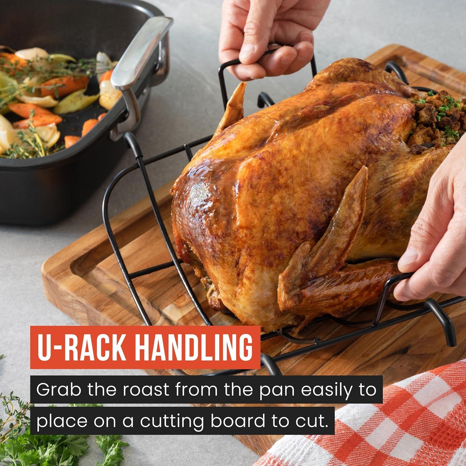 Extra-Large Grey Non-Stick Carbon Steel Roasting Pan with Handles and Rack