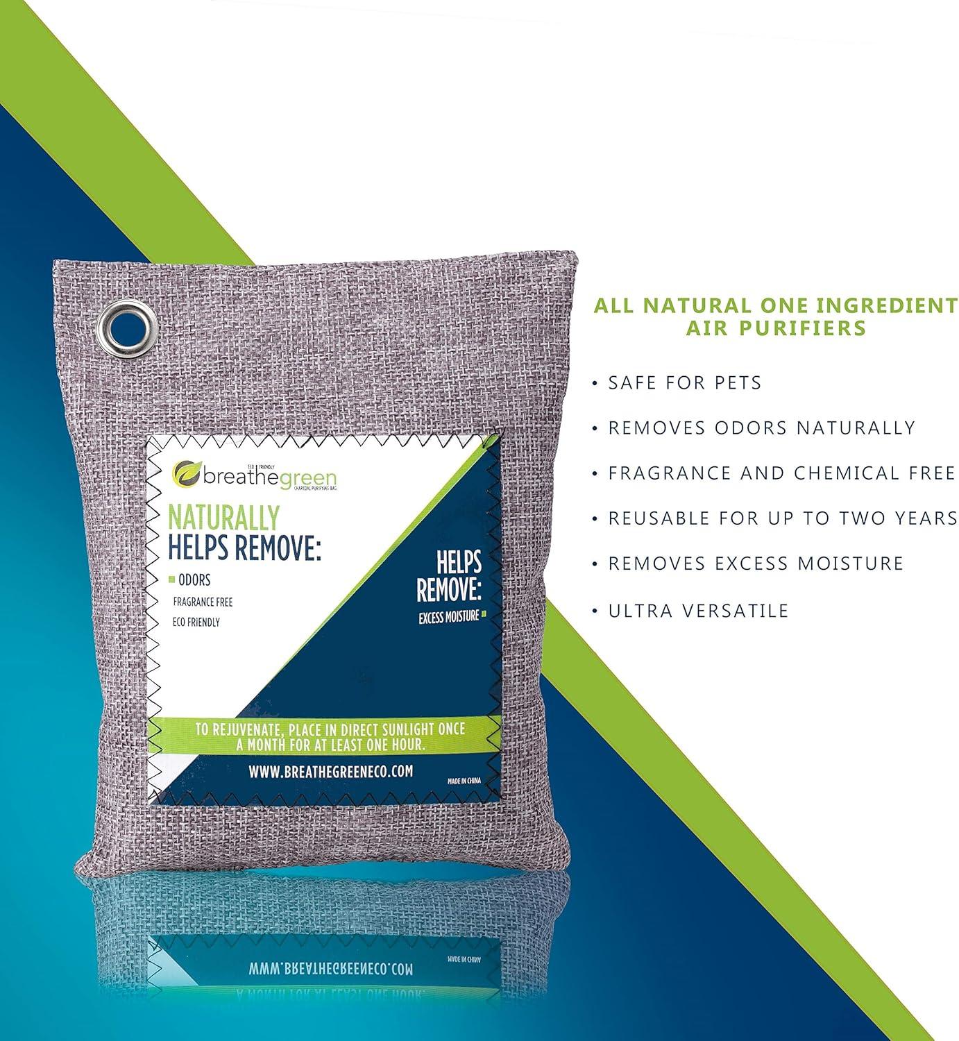 Breathe Green Bamboo Charcoal Bags Odor Absorber (9-Pack) Activated Charcoal Odor Eliminator Bag, Natural Freshener Removes Odors and Moisture, Odor Eliminator for Home, Pets, Shoes, Closet, RV