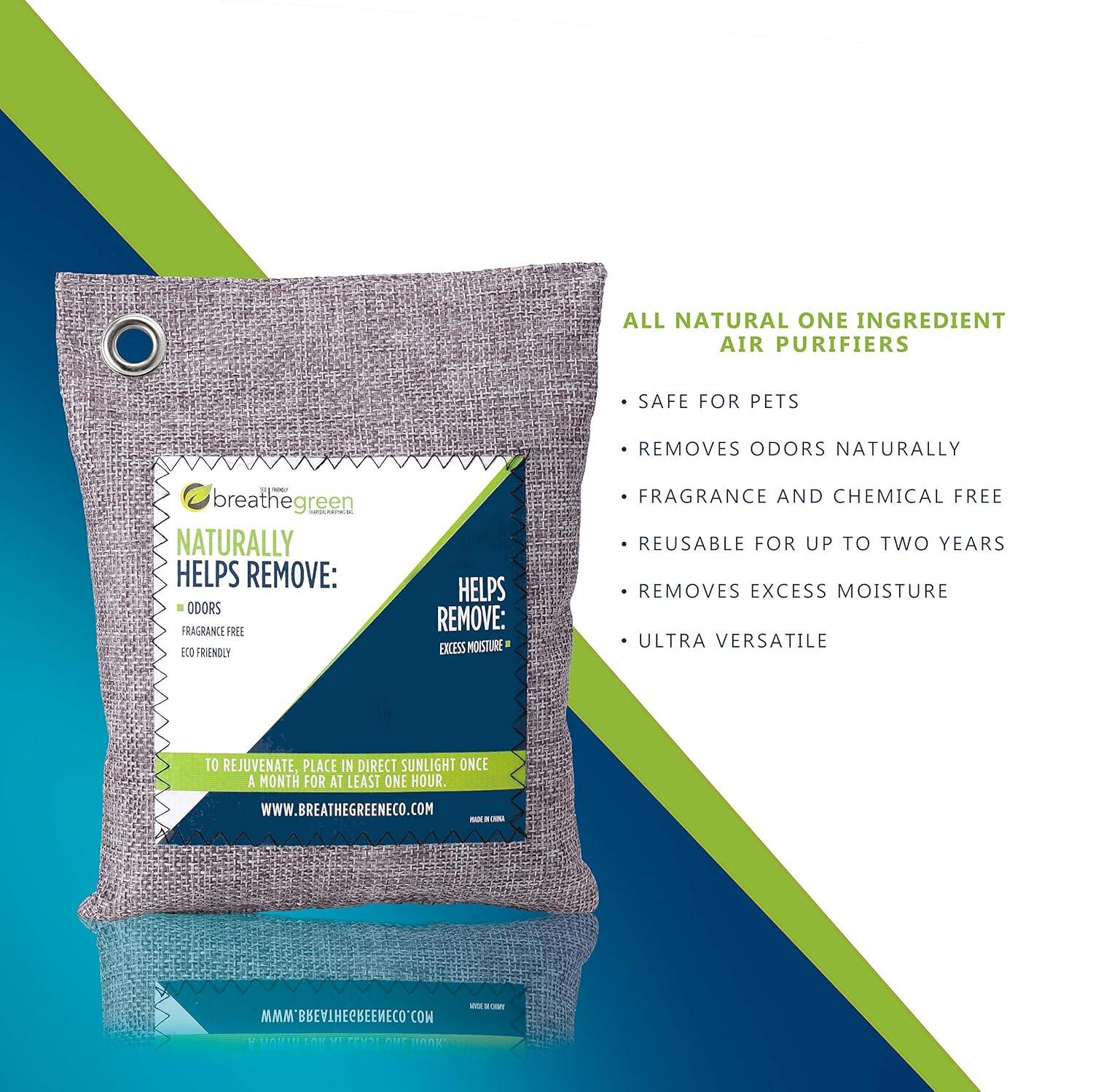 Breathe Green Bamboo Charcoal Bags Odor Absorber (9-Pack) Activated Charcoal Odor Eliminator Bag, Natural Freshener Removes Odors and Moisture, Odor Eliminator for Home, Pets, Shoes, Closet, RV