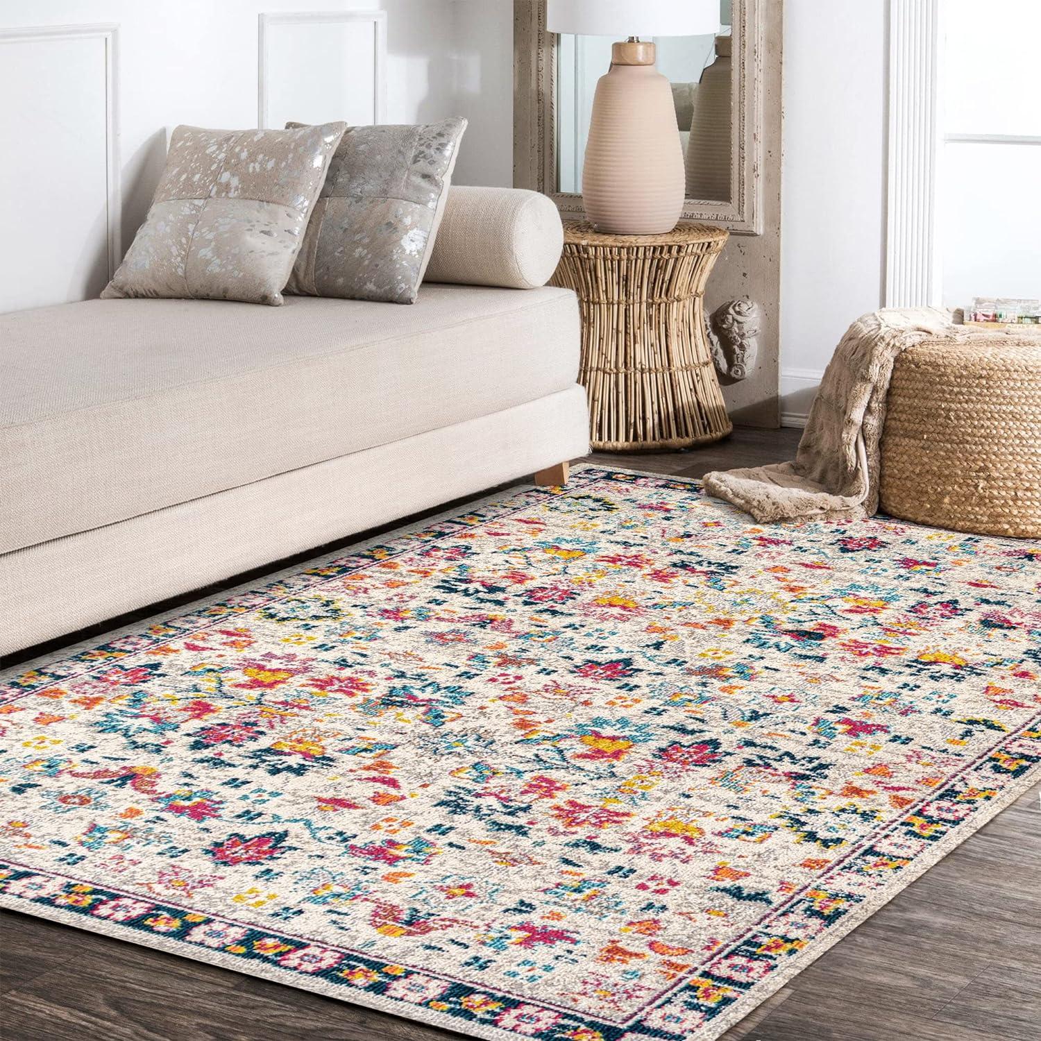 Ivory and Multicolor Synthetic Persian Boho Floral 5' x 8' Rug