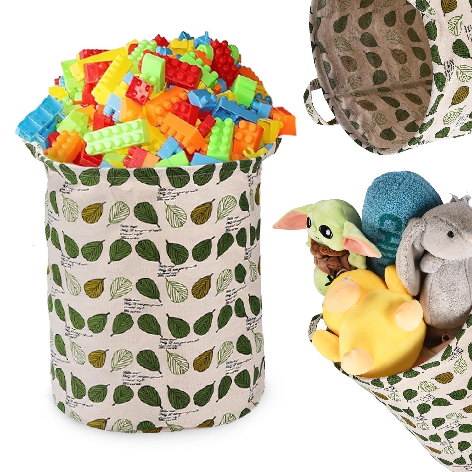 Light Green Leaf Pattern Collapsible Canvas Kids Hamper