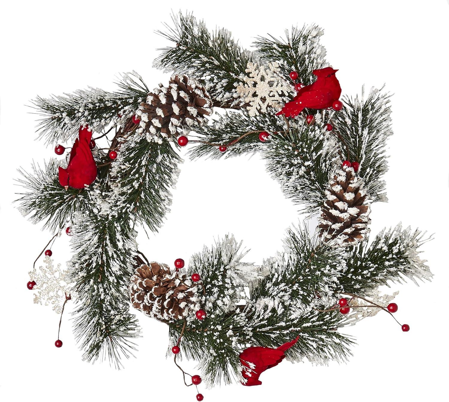 Snowy Pine Wreath with Red Cardinals and Snowflakes