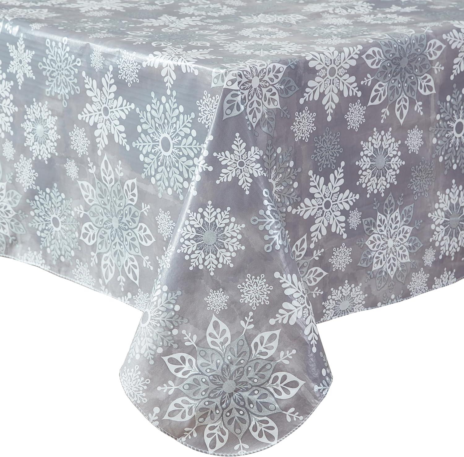 Newbridge Winter Sparkle Vinyl Flannel Backed Christmas Tablecloth - Silver Glitter Snowflake Print Wipe Clean Easy Care Holiday Tablecloth, 52in x 52in Square, Grey/Silver