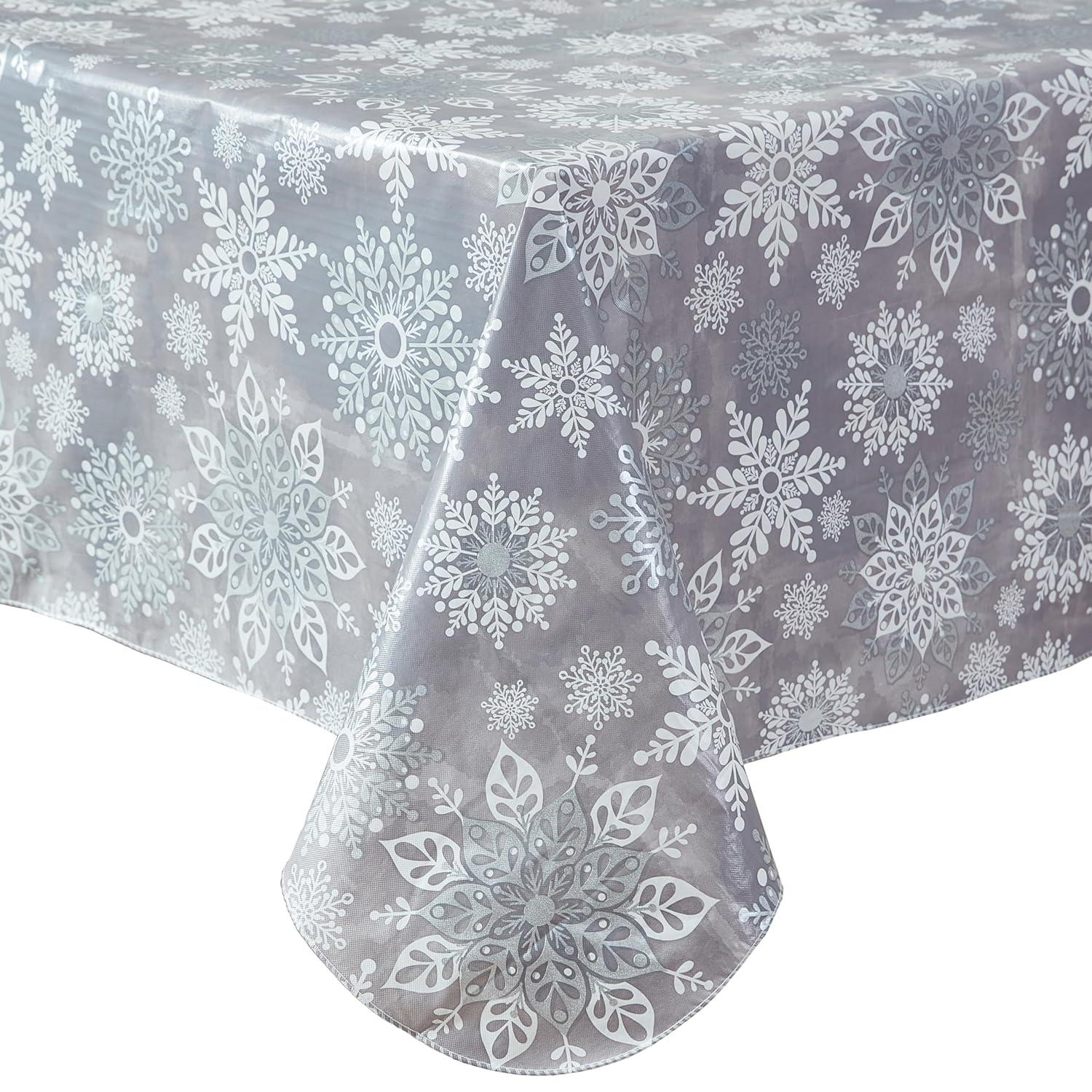 Newbridge Winter Sparkle Vinyl Flannel Backed Christmas Tablecloth - Silver Glitter Snowflake Print Wipe Clean Easy Care Holiday Tablecloth, 52in x 52in Square, Grey/Silver