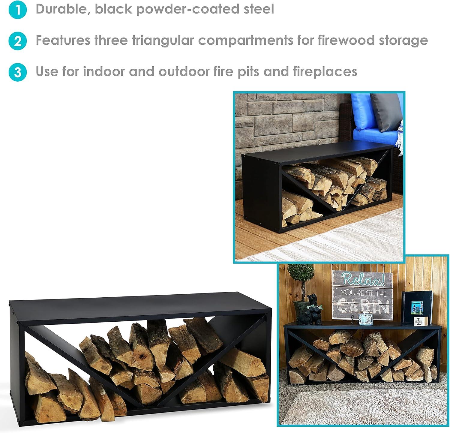 Sunnydaze Indoor/Outdoor Steel Triple Triangle Fire Pit or Fireplace Firewood Log Rack Storage Holder - 41" - Black