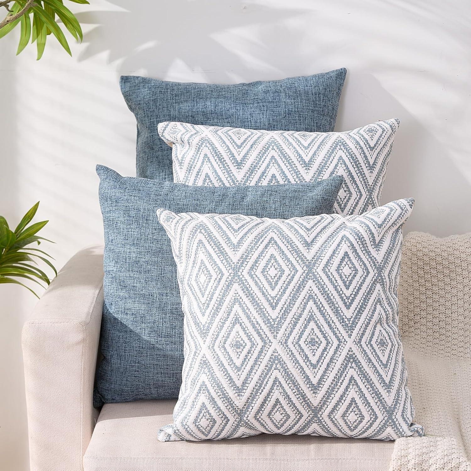 Blue and White Geometric Pattern Cotton Polyester Euro Pillow Covers