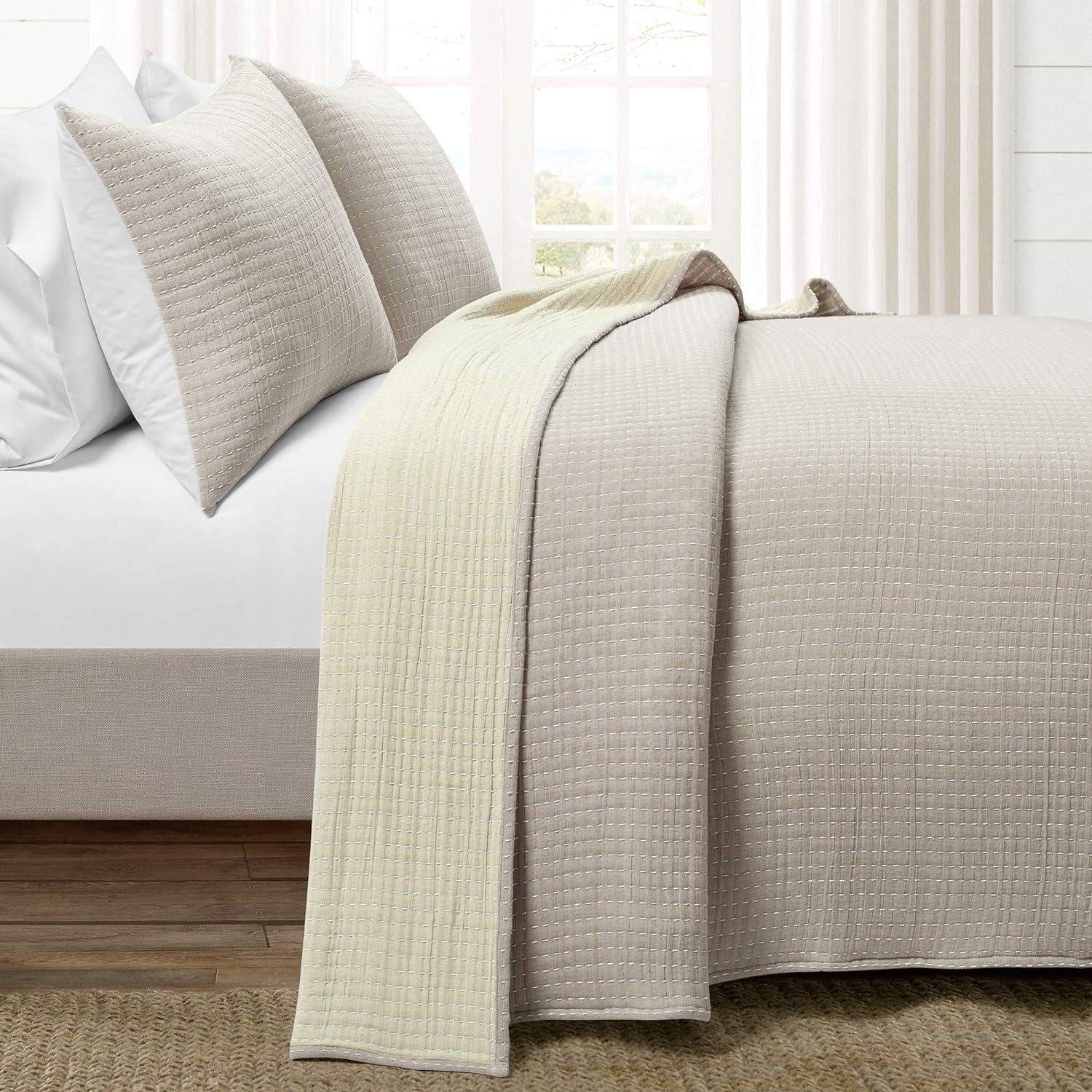 Neutral Off-White Cotton King Reversible Quilt Set