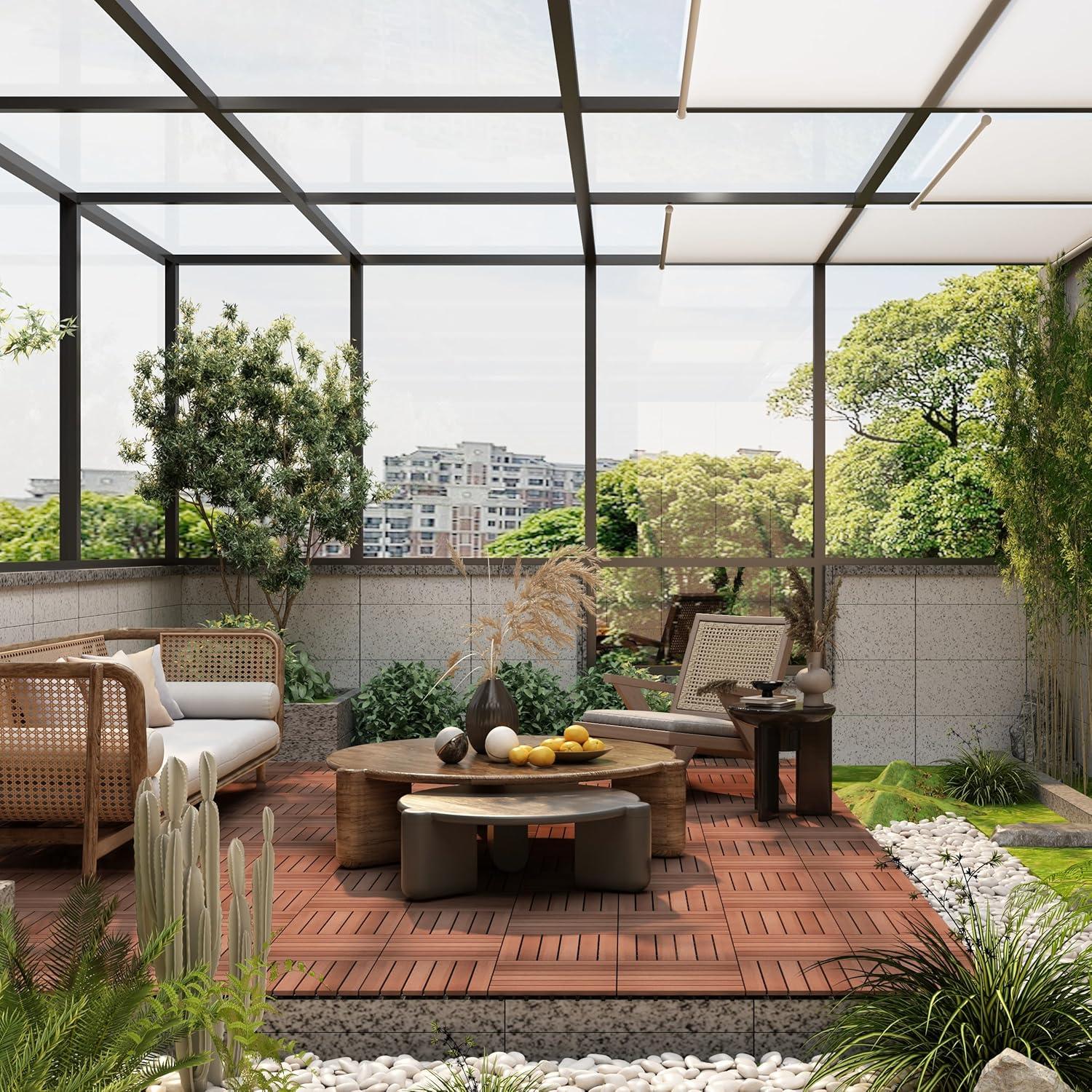 PrimeZone 27 PCS Solid Acacia Wood Interlocking Patio Deck Tiles - 12" x 12" Indoor Outdoor Waterproof Flooring Tiles for Balcony, Backyard, Garden & Poolside, All Weather Use, Brown