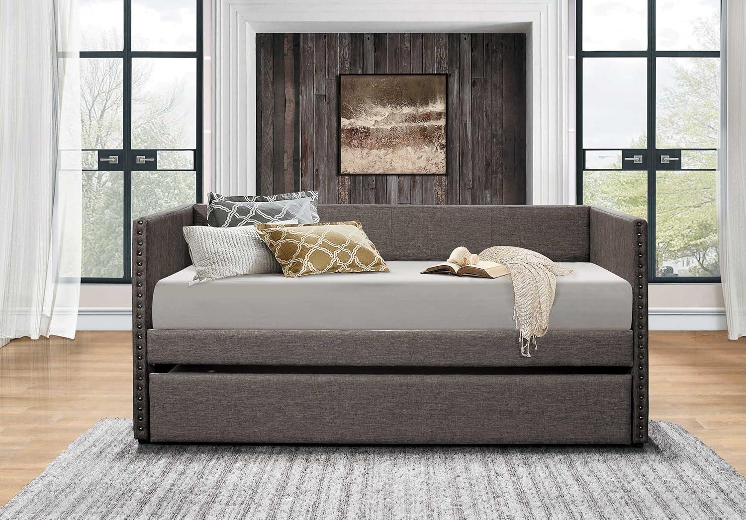 Gray Linen Twin Daybed with Nailhead Trim and Trundle