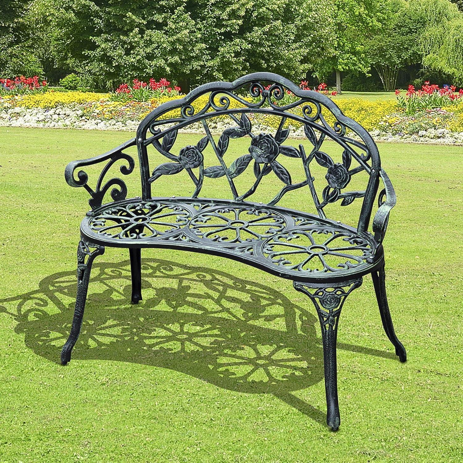 Outsunny Outdoor Bench, Cast Aluminum Outdoor Furniture, Metal Bench with Floral Rose Accent & Antique Finish, Green