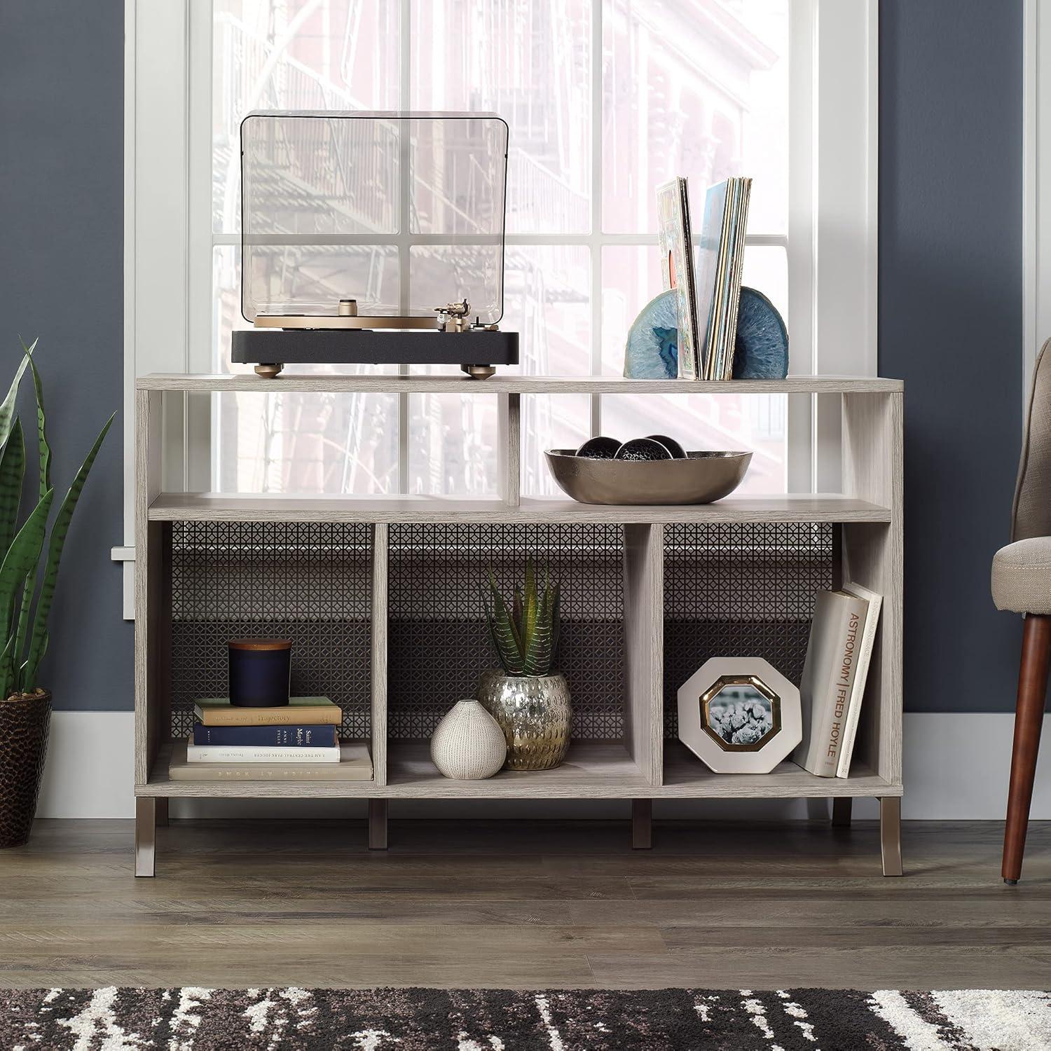 Sauder Center City TV Stand with Divided Storage Shelves, Champagne Oak Finish