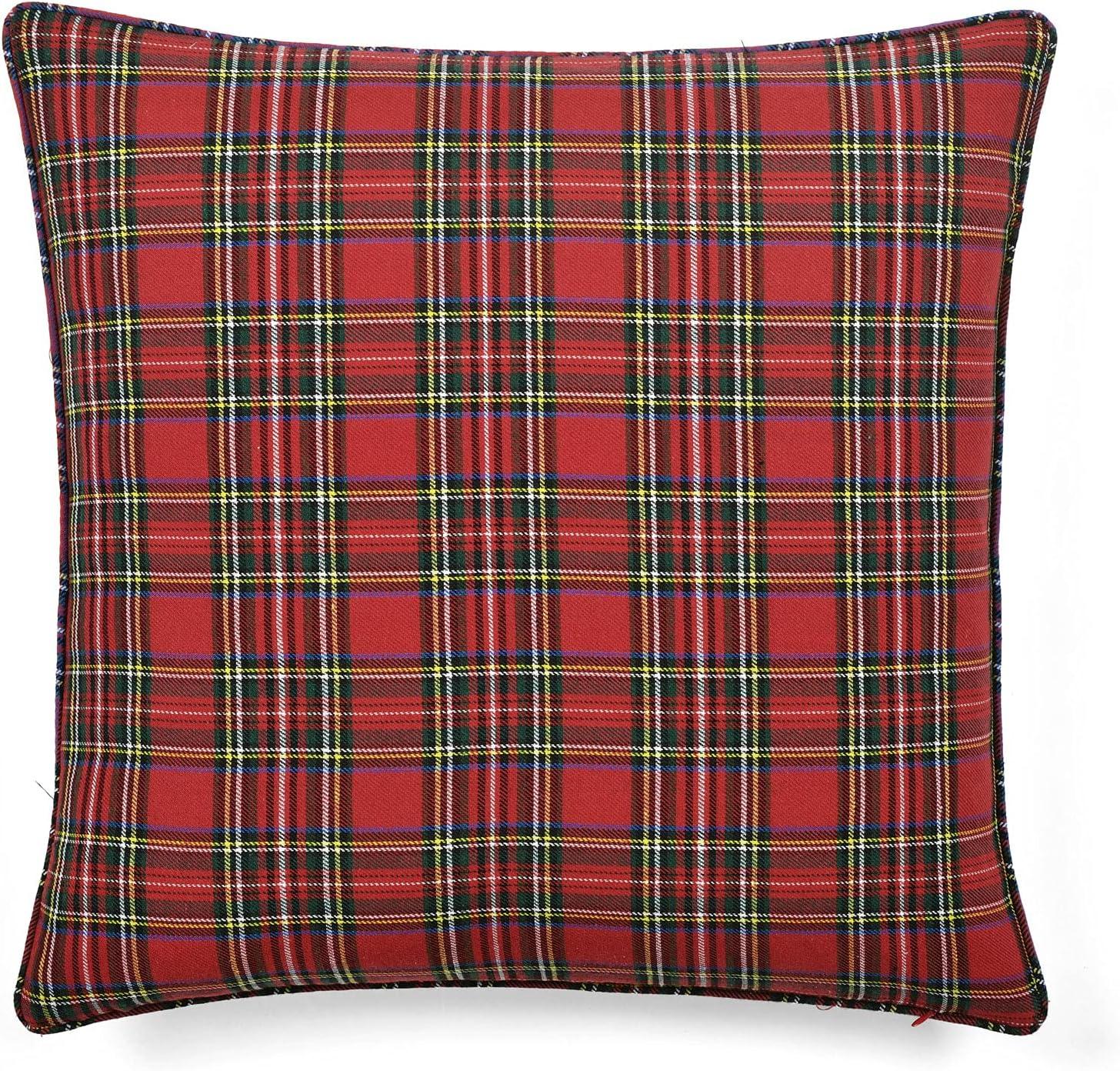 Red Holiday Truck Plaid Embroidered Cotton Blend Pillow Cover 20" x 20"