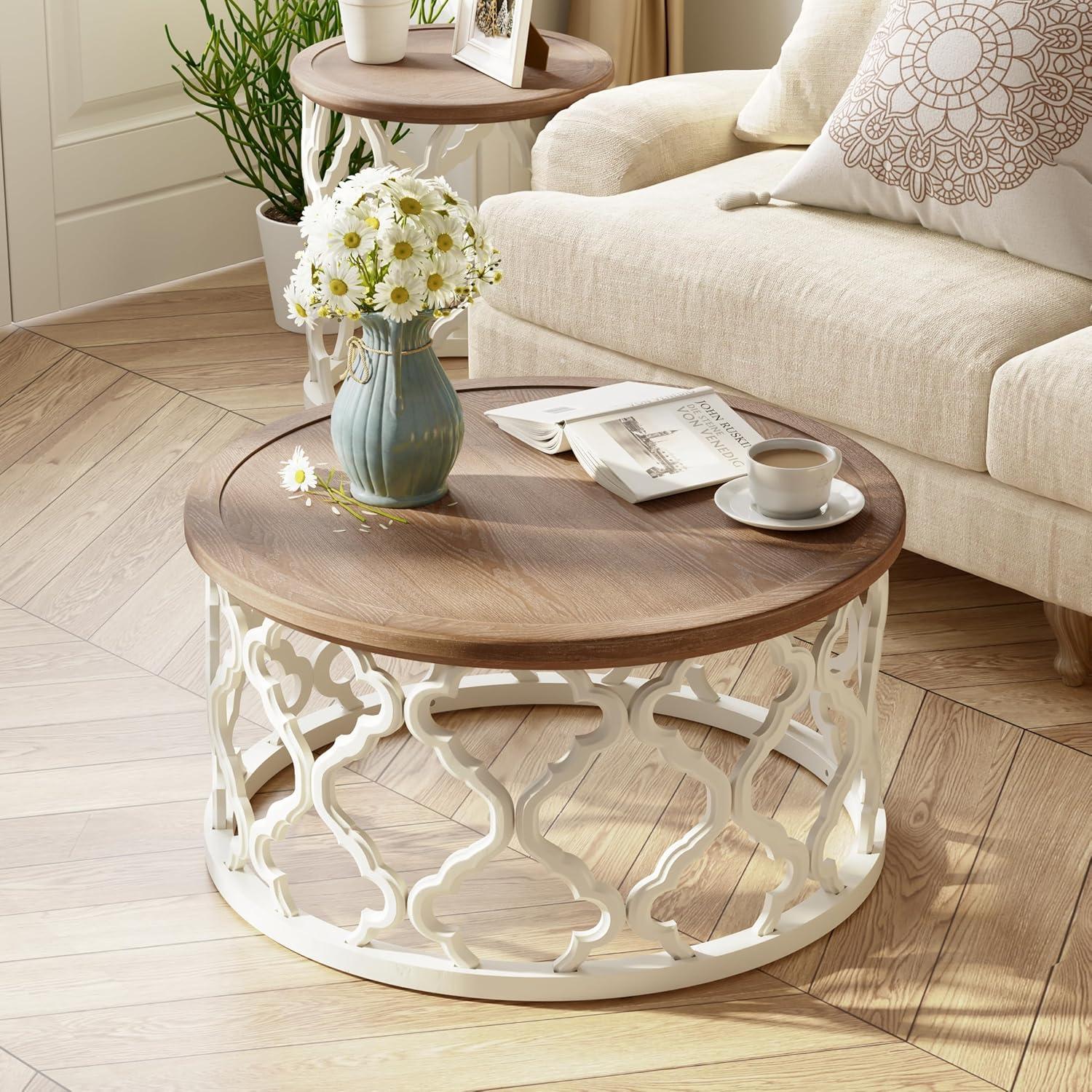 COZAYH Rustic Coffee Table, Distressed Wood Top Table with Curved Motif Frame Base for Boho, Farmhouse Decor, Round