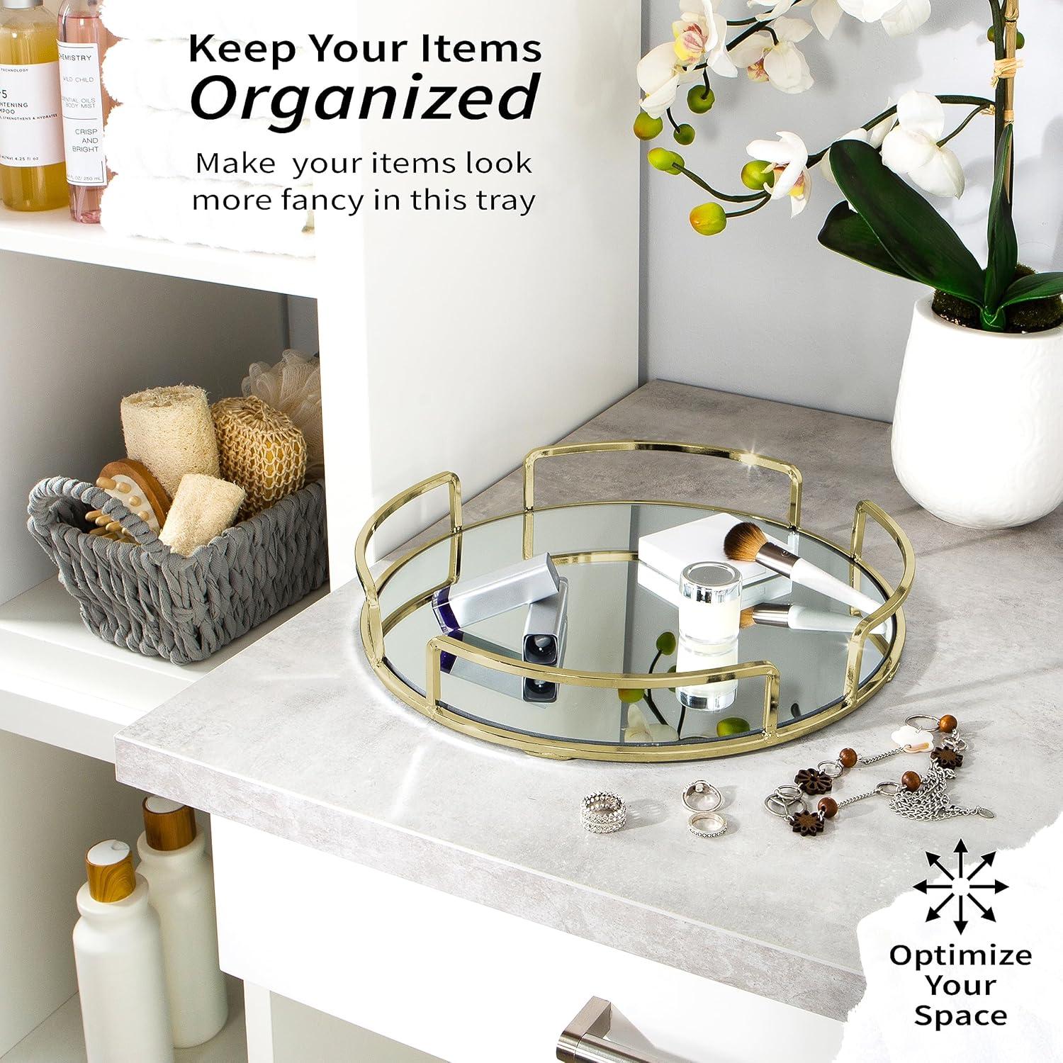 Home Details Modern Round Mirror Vanity Tray in Satin Gold