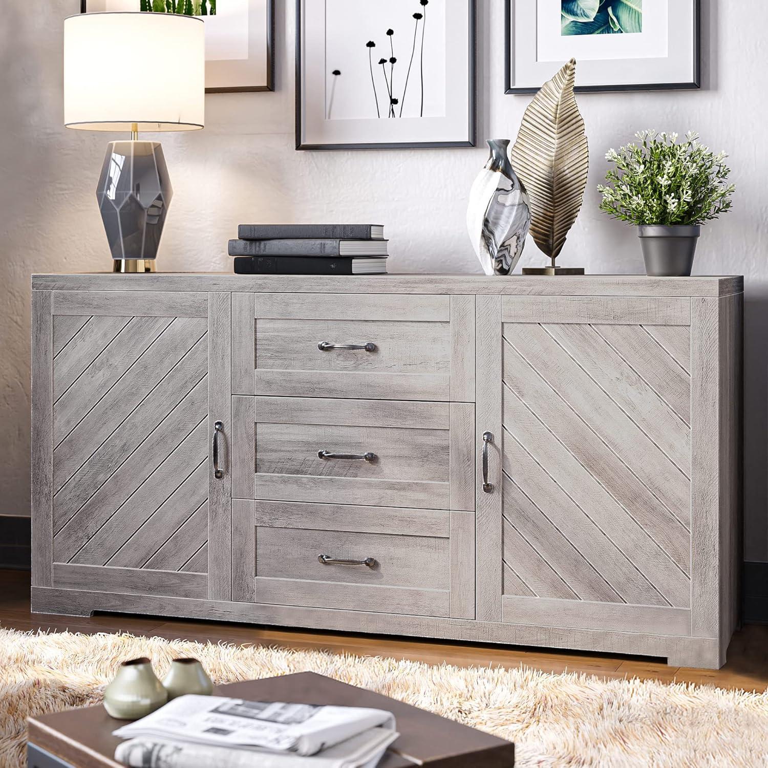 Gray Wash Modern Farmhouse Sideboard with Adjustable Storage Shelves