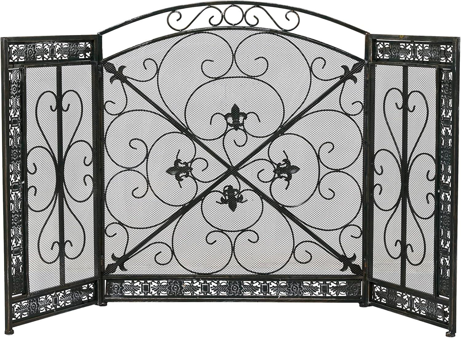 DecMode 52" x 31" Black Metal Foldable Mesh Netting 3 Panel Fireplace Screen with Fleur De Lis and Scrollwork Designs, 1-Piece