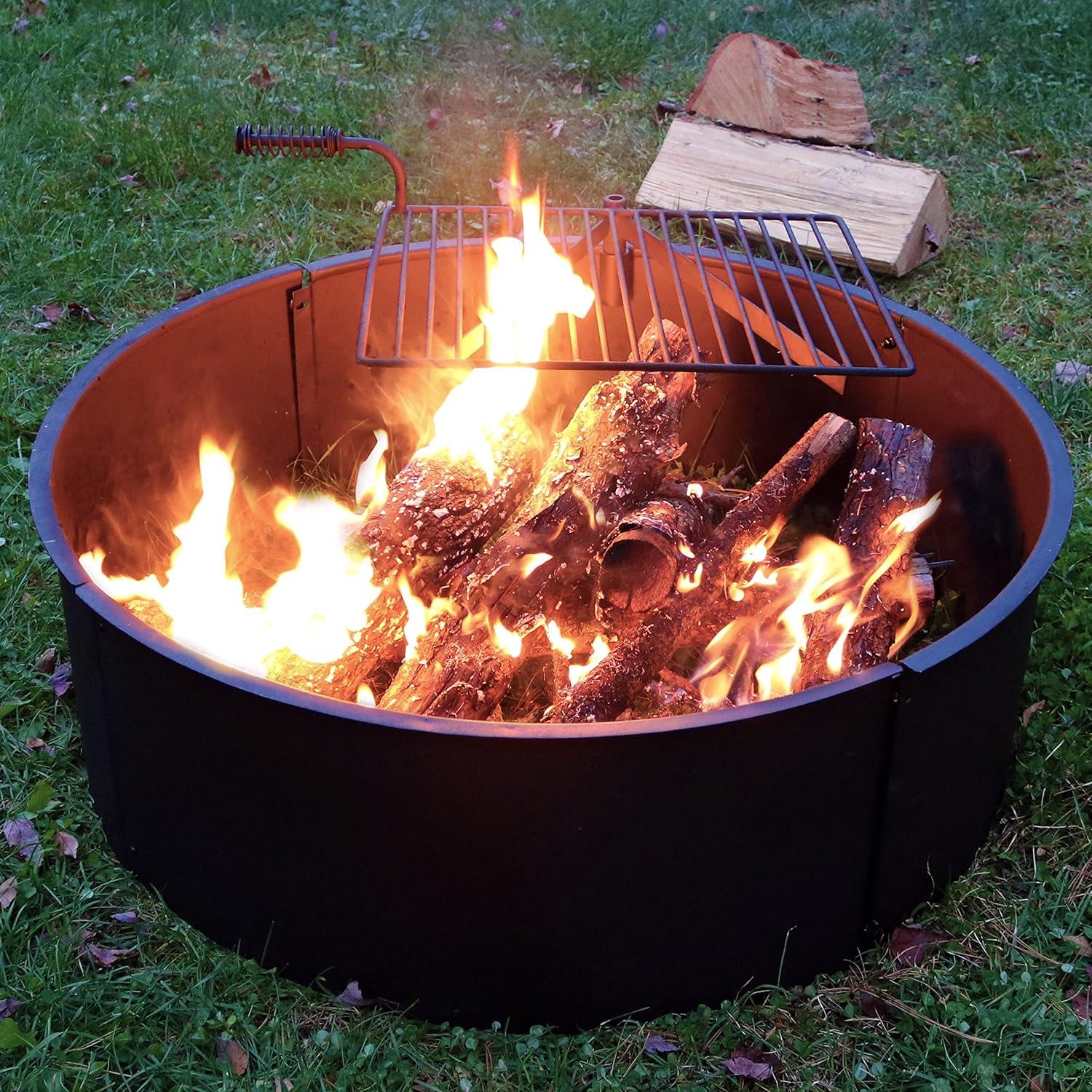 Sunnydaze Outdoor Heavy-Duty Steel Portable Campfire Ring with Cooking Grate and Fire Poker - 36" - Black