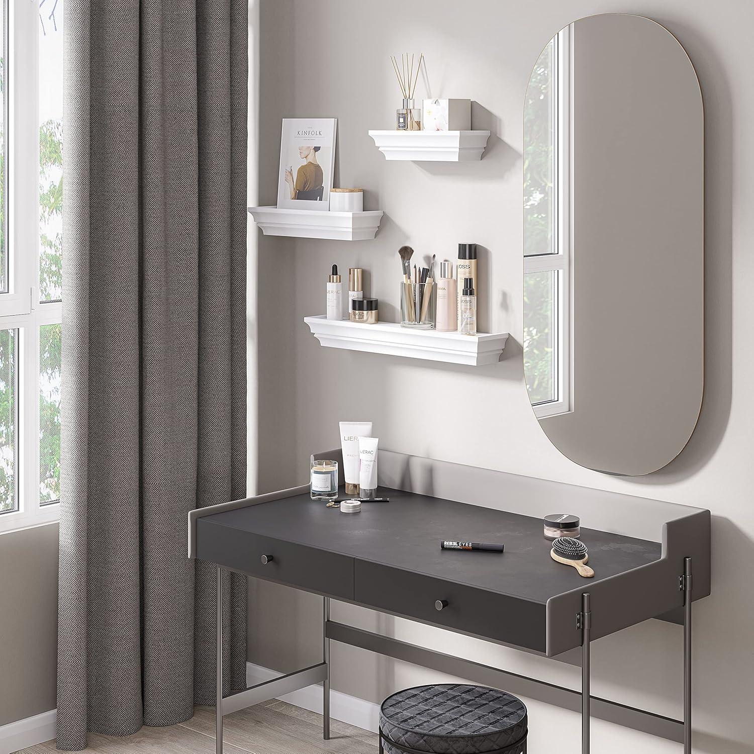 Ballucci Victorian Wall Ledge and Shelf, Wood Floating Wall Shelves Set, 12", 16", 24", Set of 3, White