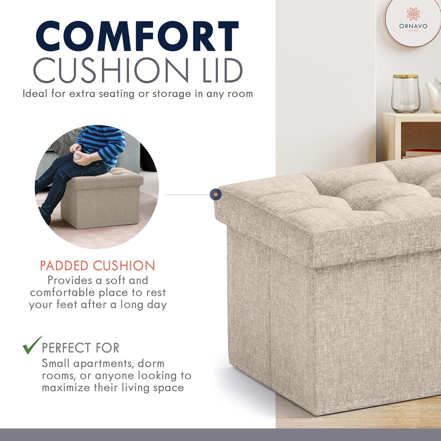 Small White Tufted Linen Foldable Storage Ottoman