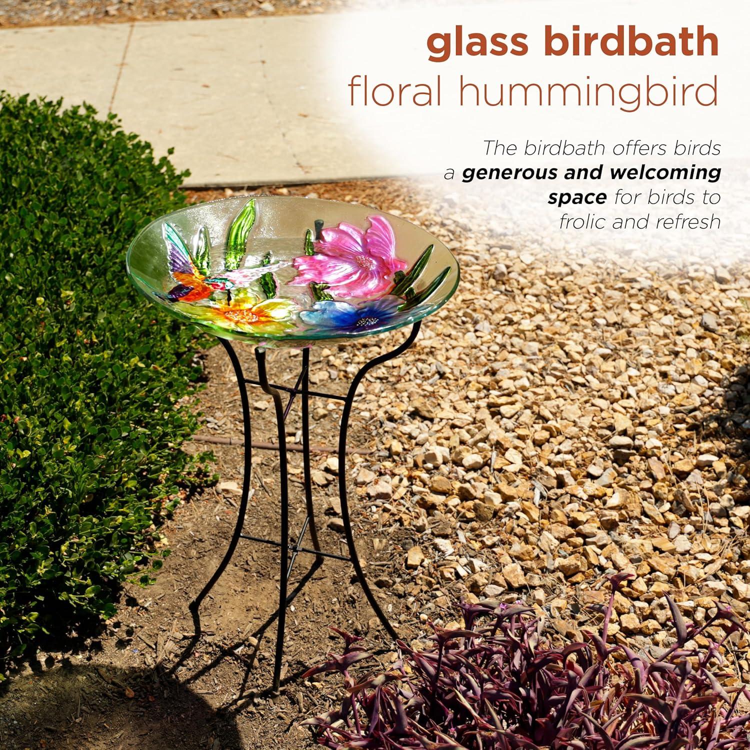 Colorful Glass Birdbath with Metal Stand, 18"