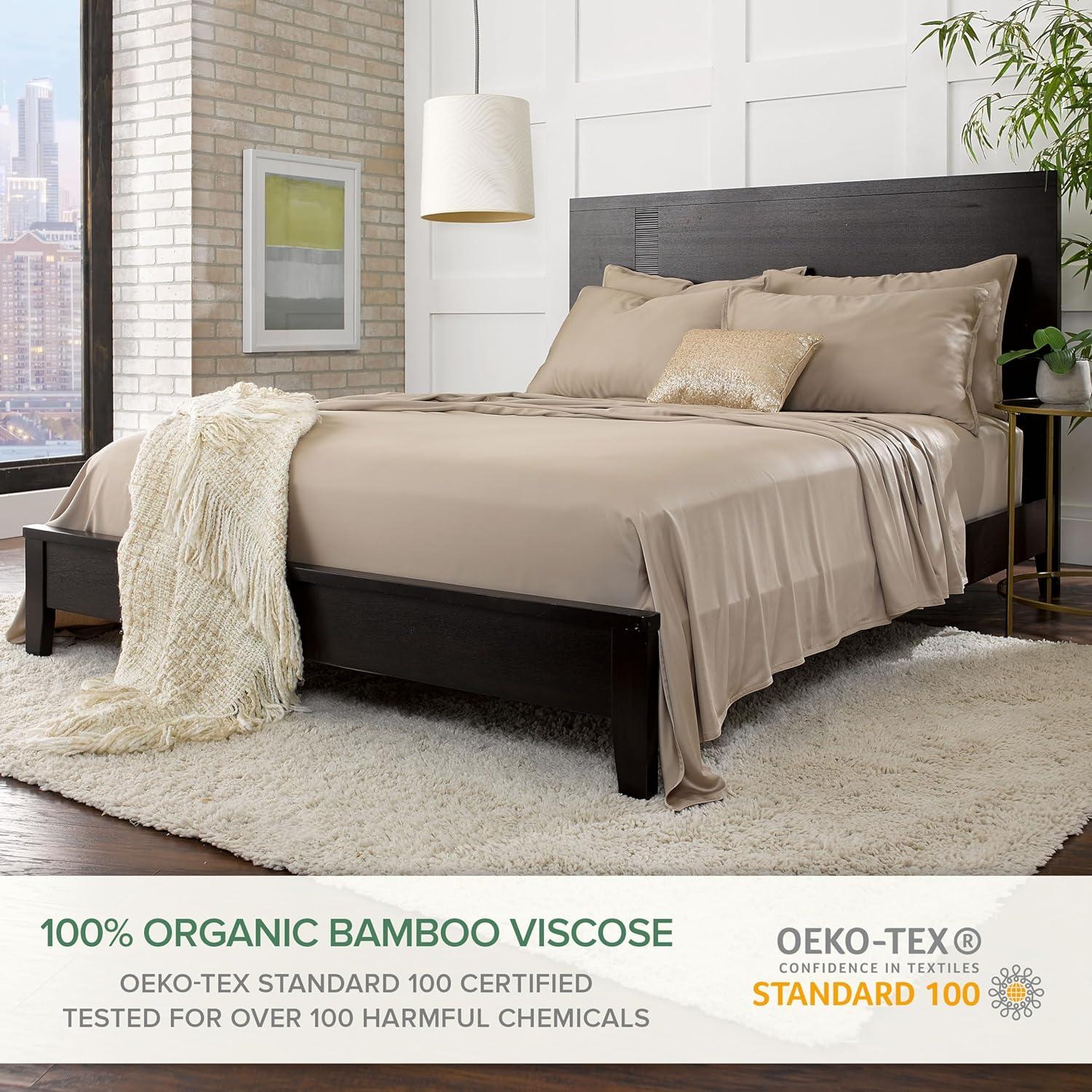 PURE BAMBOO Sheets Queen Size Bed Sheet 4 Piece Set, Genuine 100% Organic Bamboo Viscose, Soft & Cooling, Double Stitching, 16" Deep Pockets, 2 Year Quality Promise (Queen, Jacquard Sand)