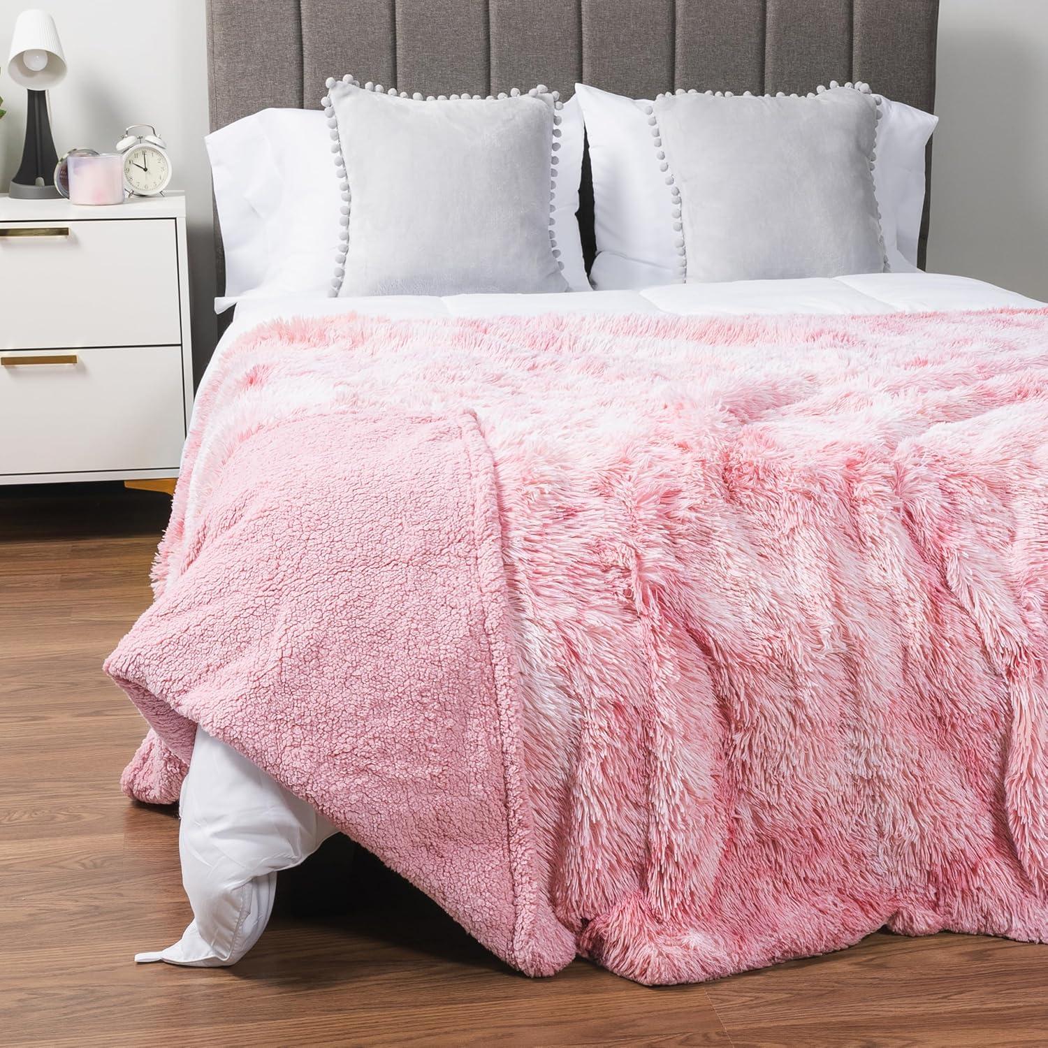 PAVILIA Fluffy Faux Fur Reversible Throw Blanket for Bed, Sofa, and Couch