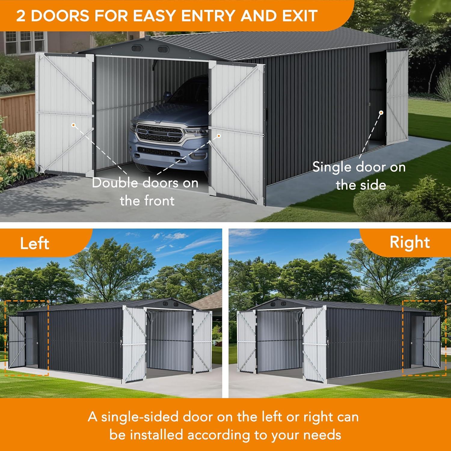 Sunjoy Sunjoy Outdoor Storage Shed 10 x 20 ft. Carport, Patio Metal Utility Large Storage Shed Garage with 2 Doors and 4 Vents, for Car, Truck, Bike, Garbage Can, Tool, Lawnmower