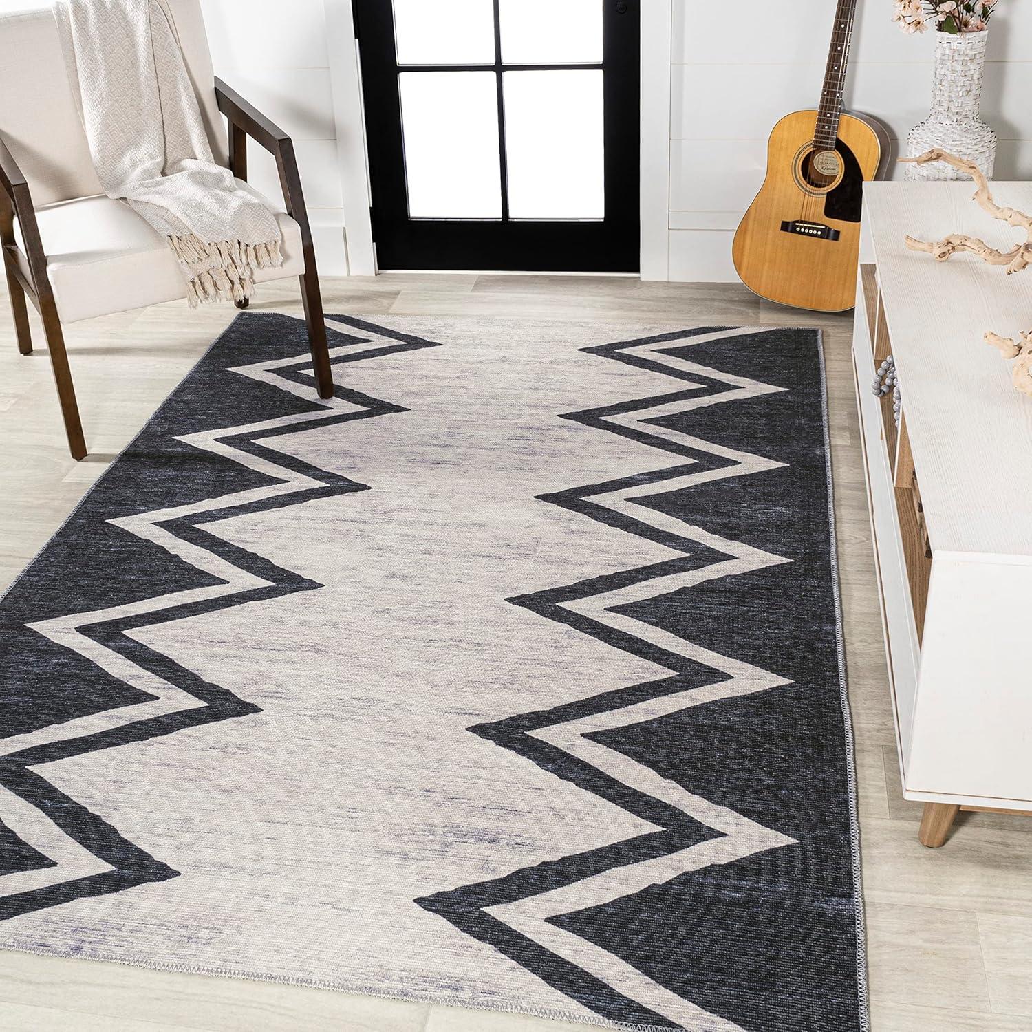 Ivory and Black Geometric Chevron Washable Area Rug 3' x 5'