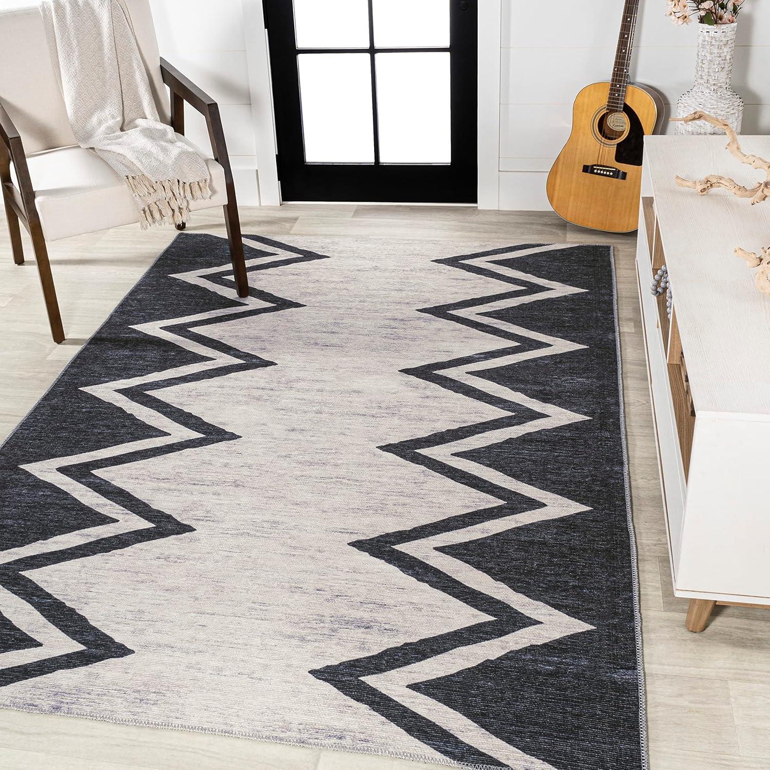 3' x 5' Siksak Modern Chevron Border Machine-Washable Area Rug, Ivory/Black - JONATHAN Y