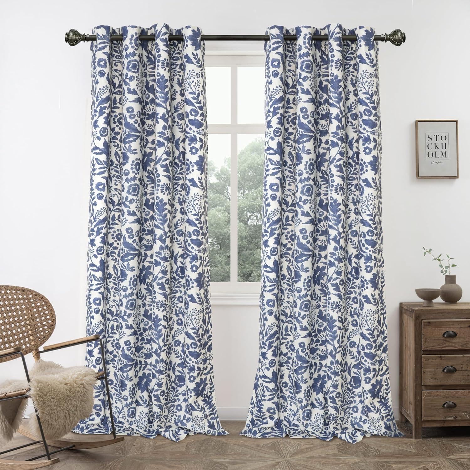 DriftAway Julia Watercolor Blackout Room Darkening Grommet Lined Thermal Insulated Energy Saving Window Curtains 2 Layers 2 Panels Each Size 96"L x 52"W Navy
