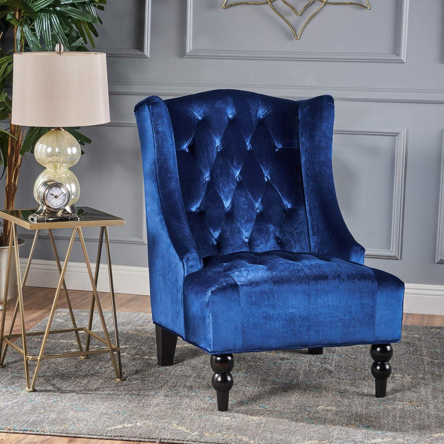 Navy Blue Velvet Wingback Accent Chair with Wood Legs