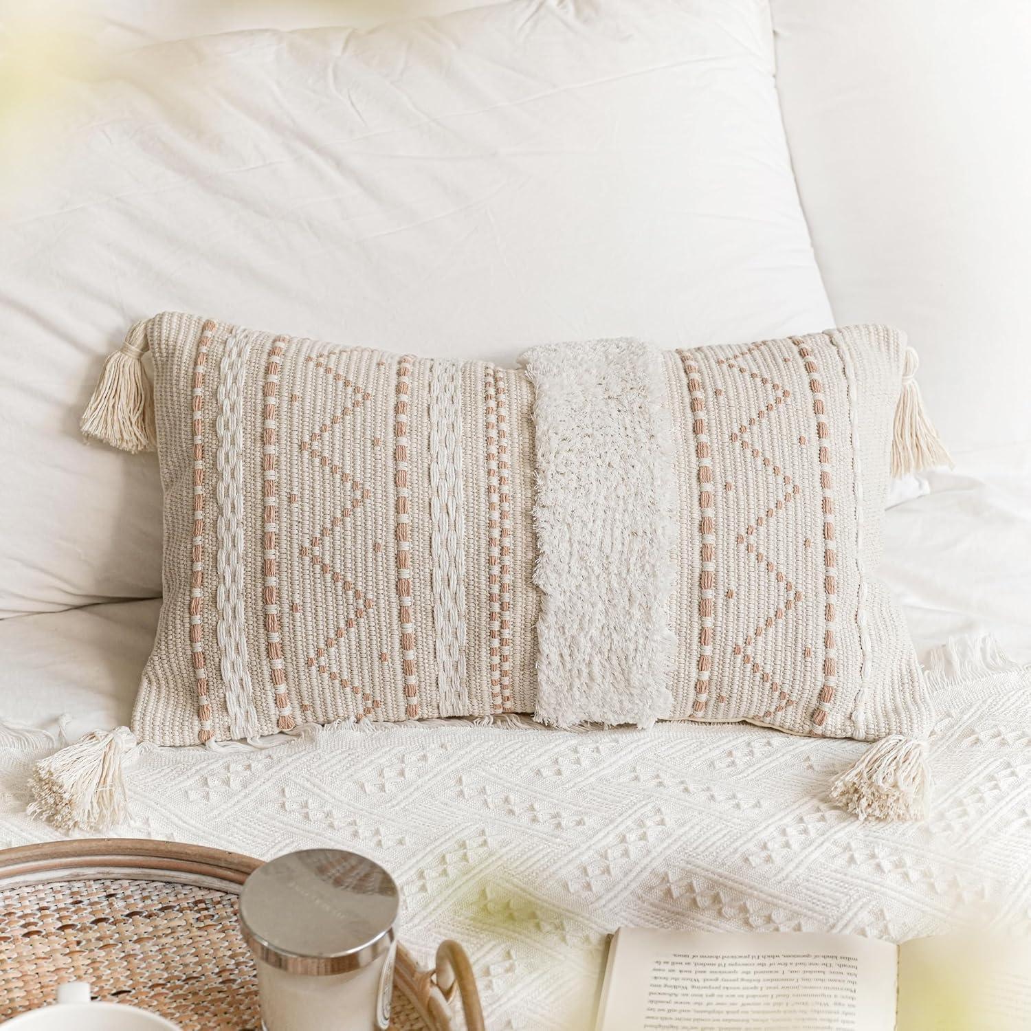 Cream and White Boho Lumbar Pillow Cover with Tassels