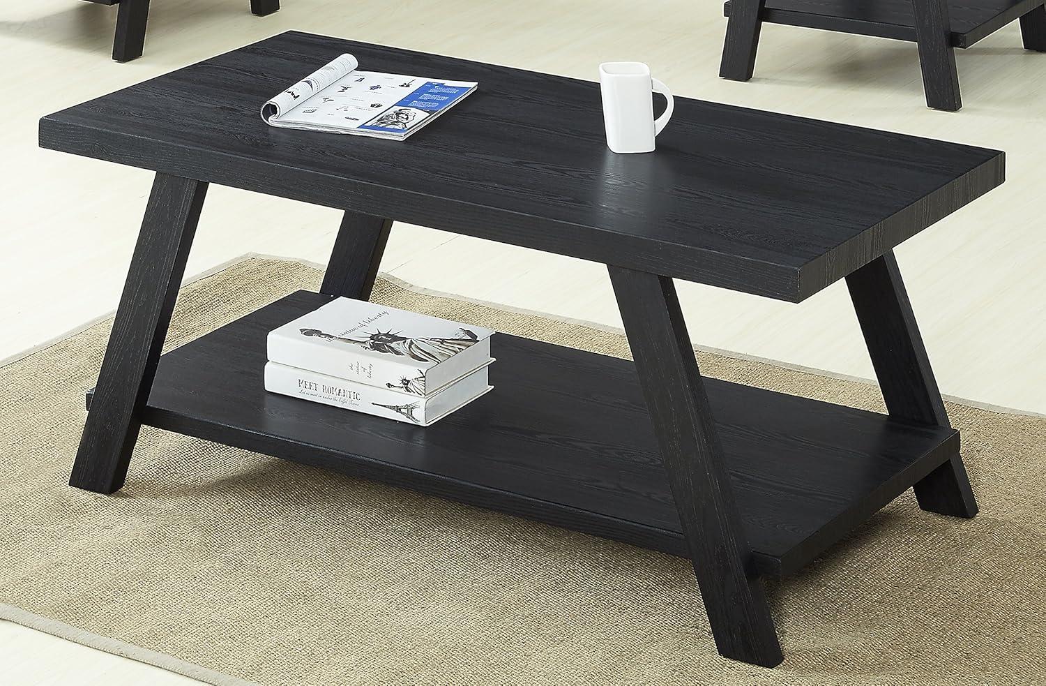 Roundhill Furniture Athens Contemporary Replicated Wood Shelf Coffee Set Table in Black Finish