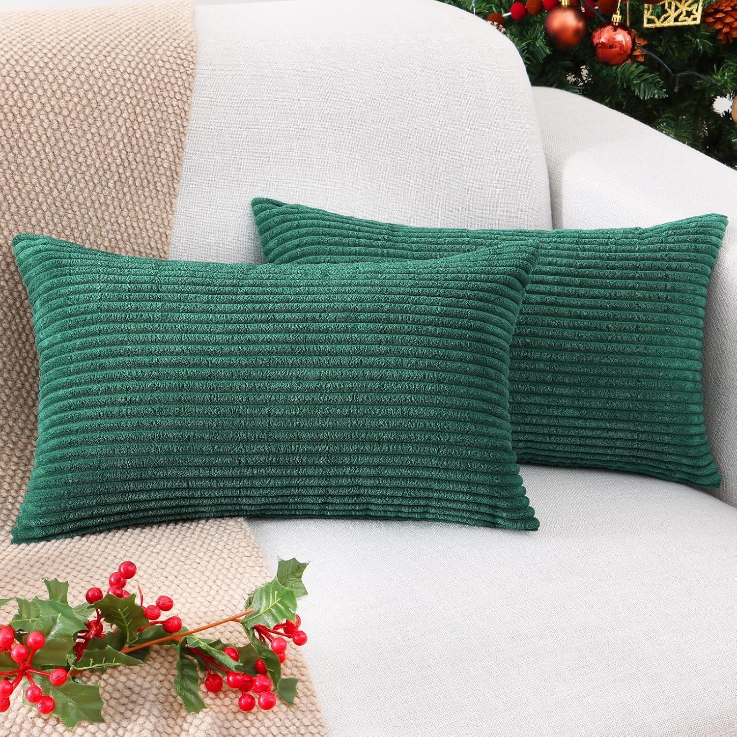 Soft Corduroy Striped Velvet Rectangle Decorative Throw Pillow Cusion For Couch, 12" x 20", Green, 2 Pack