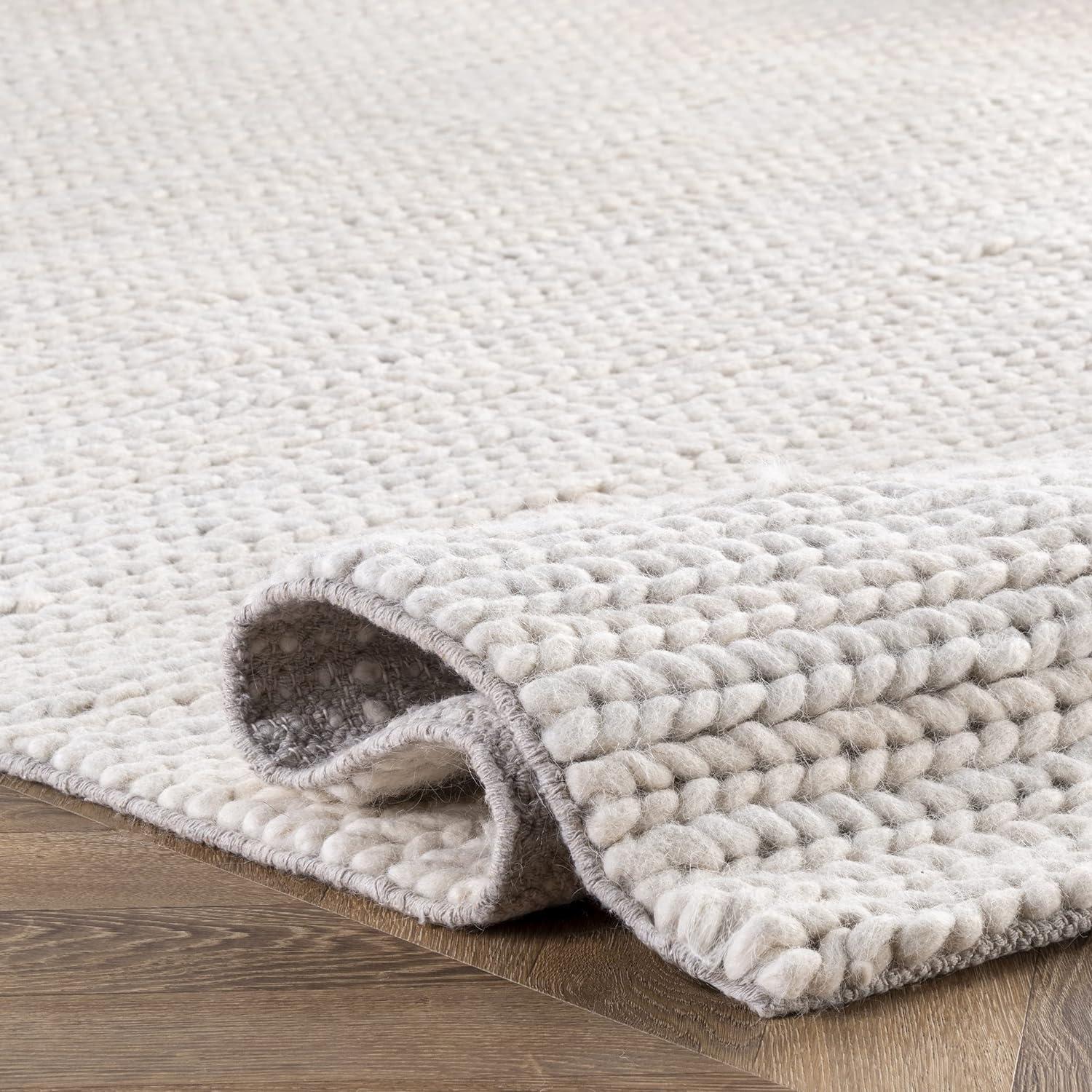 Luxurious Off-White Braided Wool 6' Square Area Rug