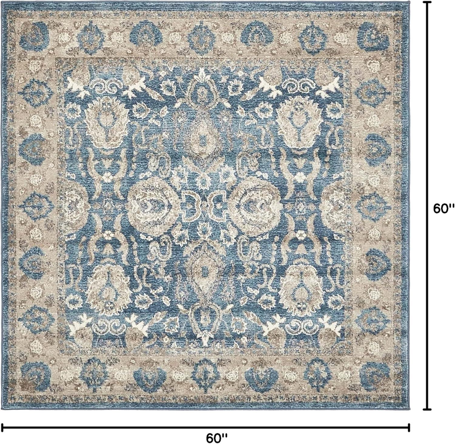 Light Blue Floral Synthetic Square Rug, 5' x 5'