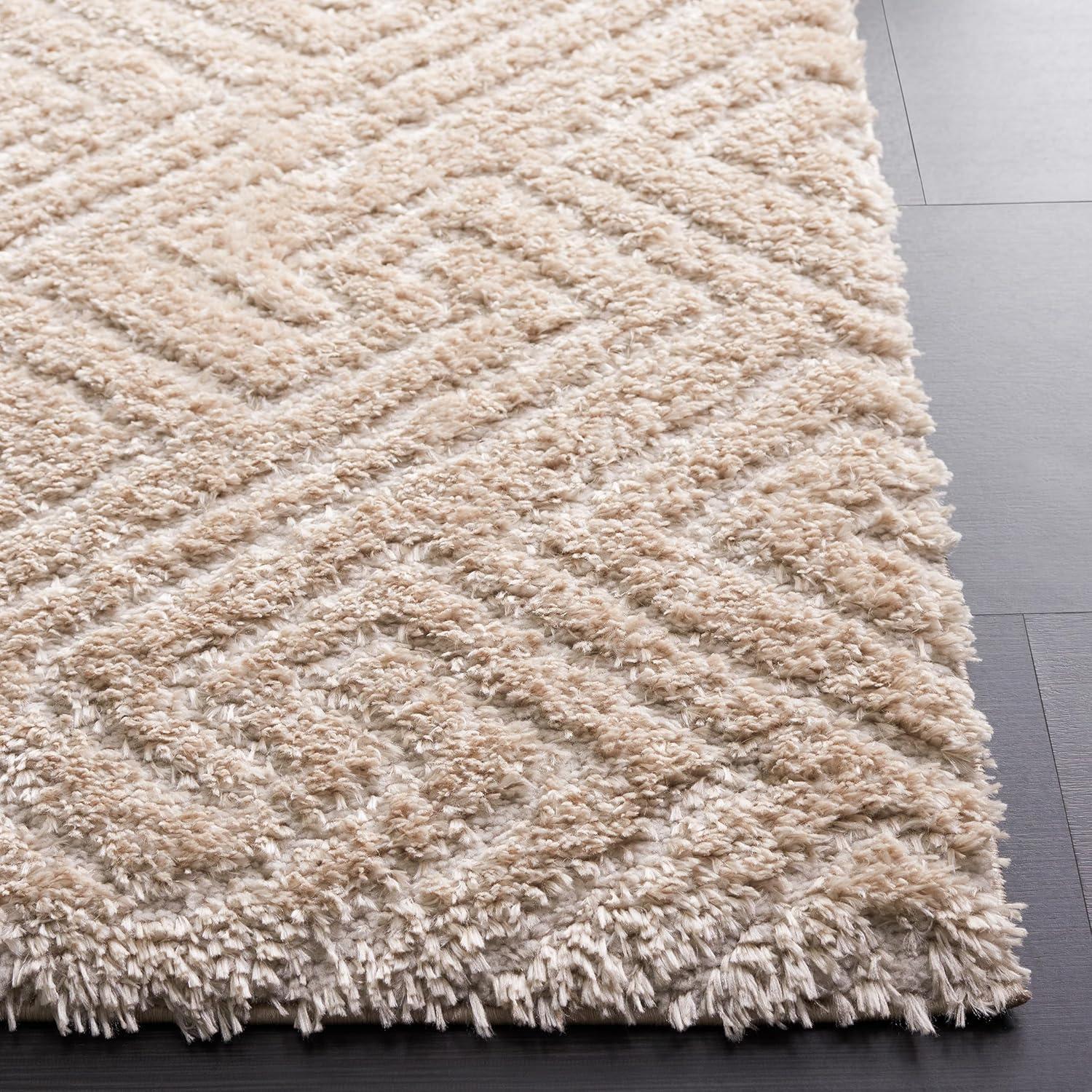 Beige Geometric Shag Synthetic Area Rug 4' x 6'