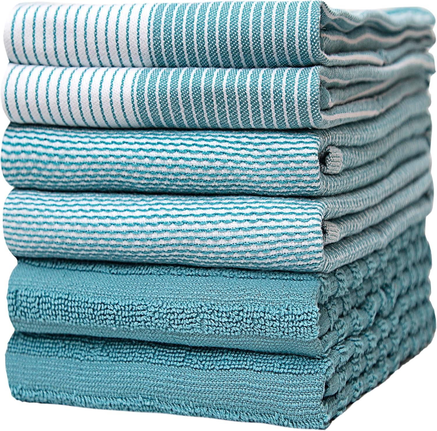 Aqua Cotton Terry and Flat Kitchen Towel Set, 20”x 28”, 6 Pack