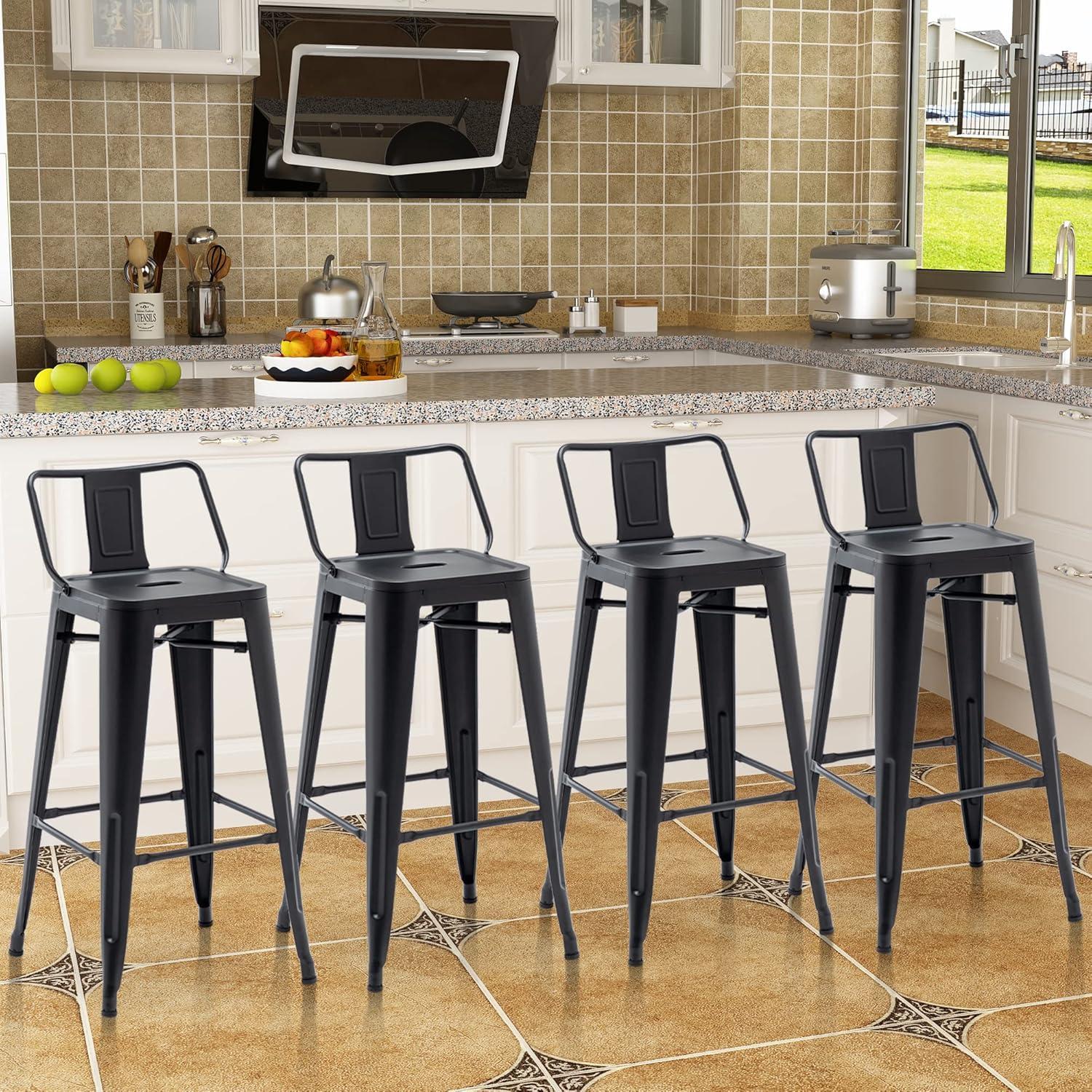 Andeworld 24" Bar Stools Set of 4,Counter Height Bar Stools with Larger Seat,Bar Stools with Back,Black Metal Bar Stools with Removable Back,Farmhouse Bar Stools,High Back Kitchen Bar Stools Chair