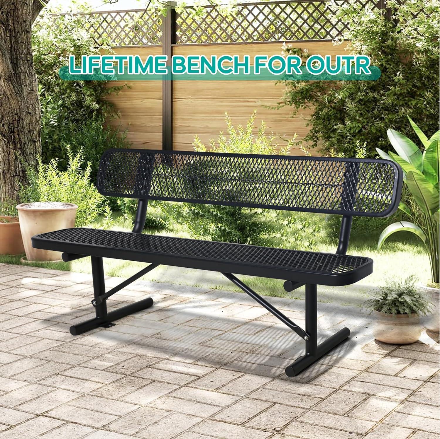 72'' Black Steel Outdoor Bench with Mesh Backrest