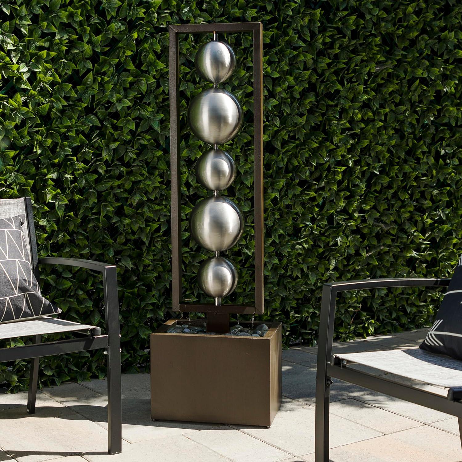 55" Metal Modern Column Fountain with Stainless Steel Orbs Silver/Brown - Alpine Corporation: Electric-Powered